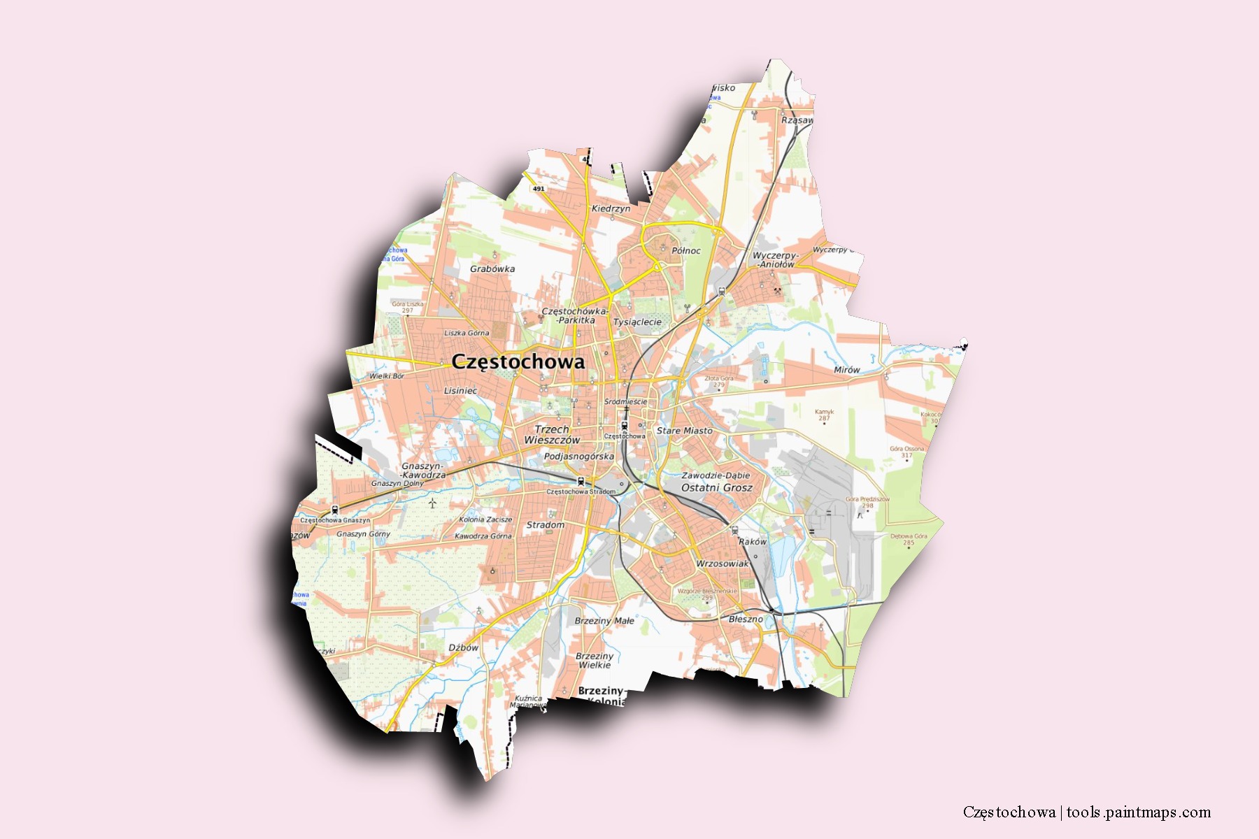 Częstochowa neighborhoods and villages map with 3D shadow effect