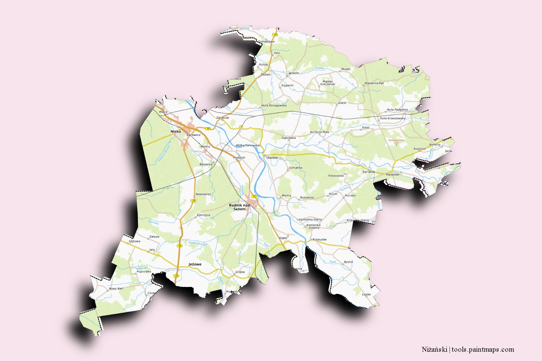 Mapa de barrios y pueblos de Niżański con efecto de sombra 3D