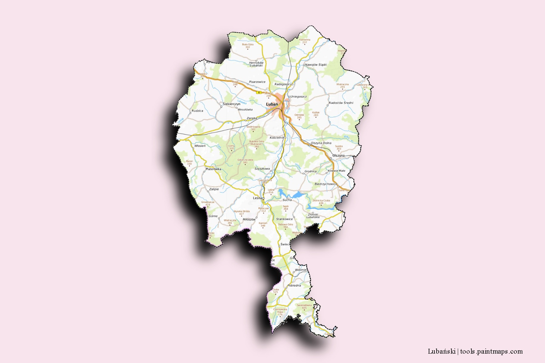 Mapa de barrios y pueblos de Lubański con efecto de sombra 3D