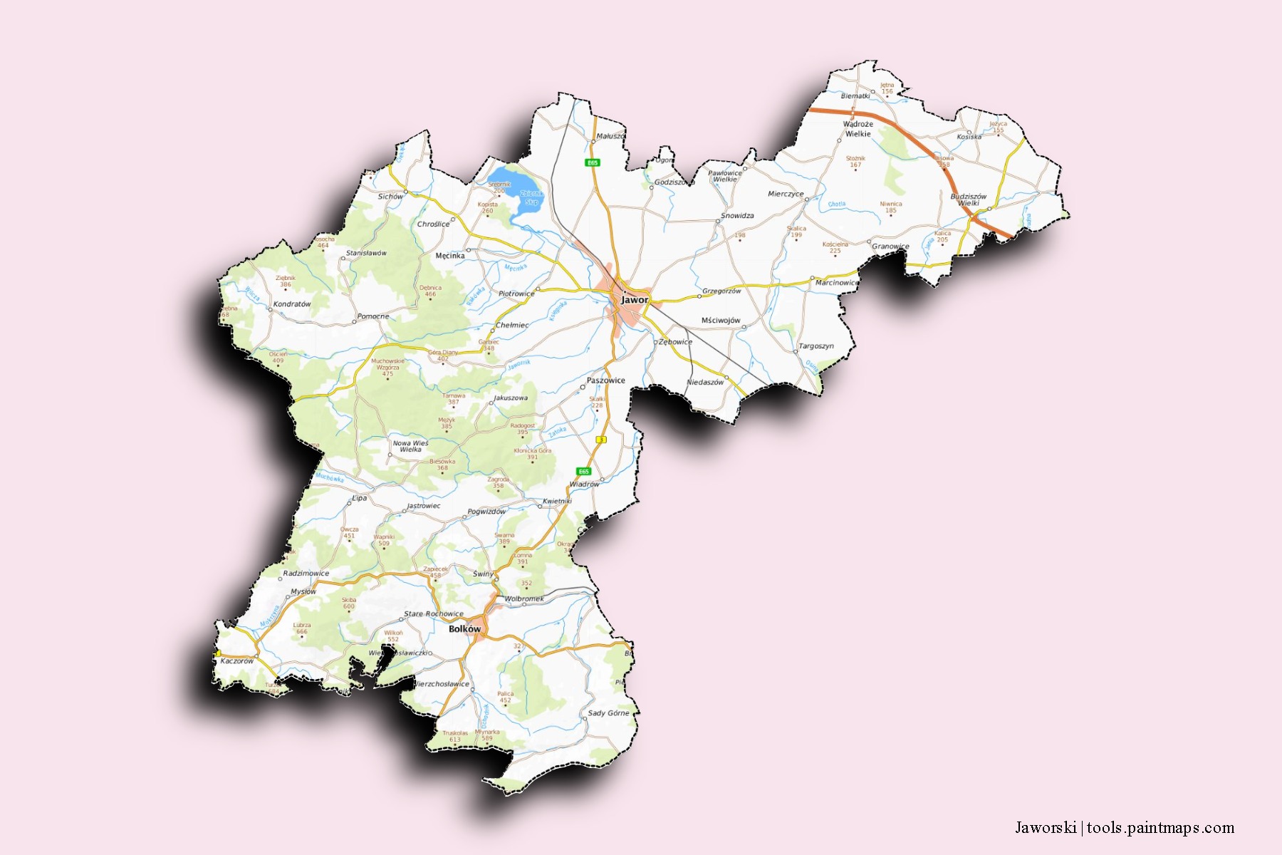 Mapa de barrios y pueblos de Jaworski con efecto de sombra 3D