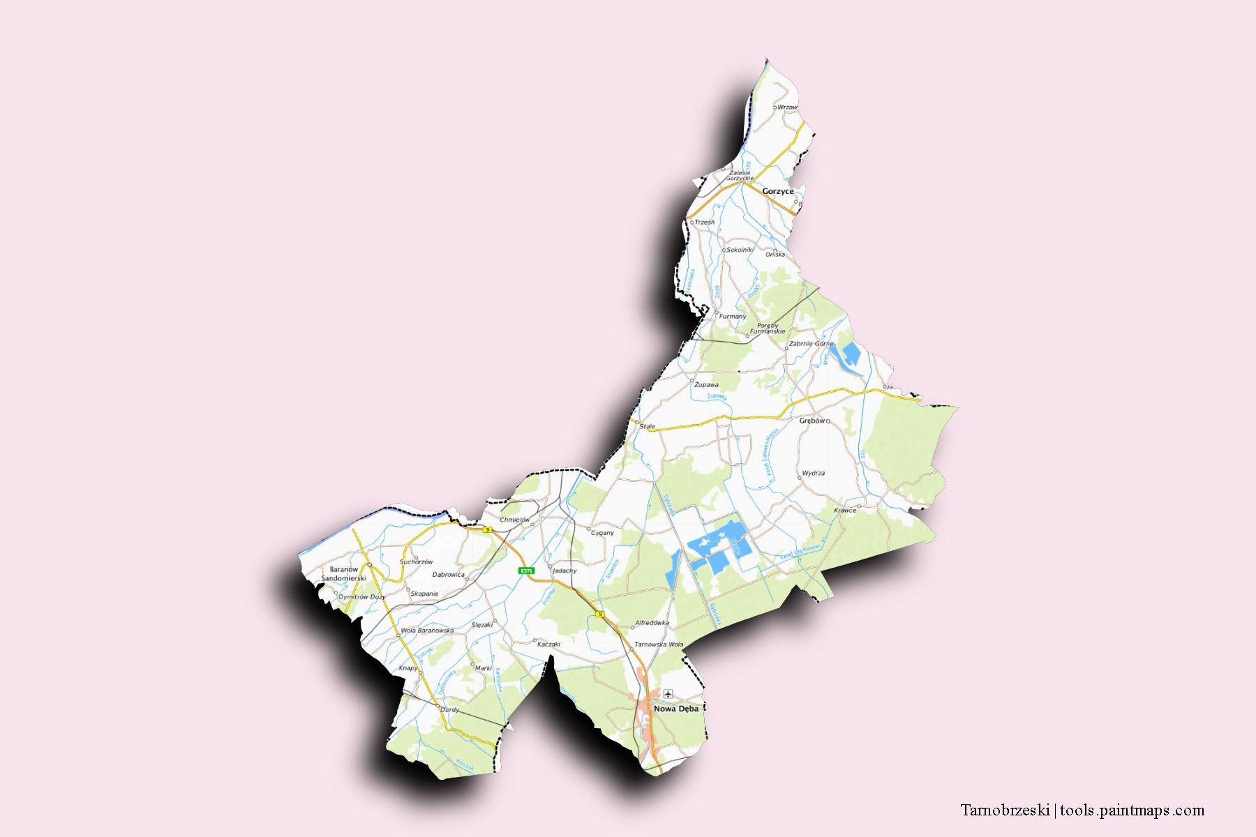 Mapa de barrios y pueblos de Tarnobrzeski con efecto de sombra 3D