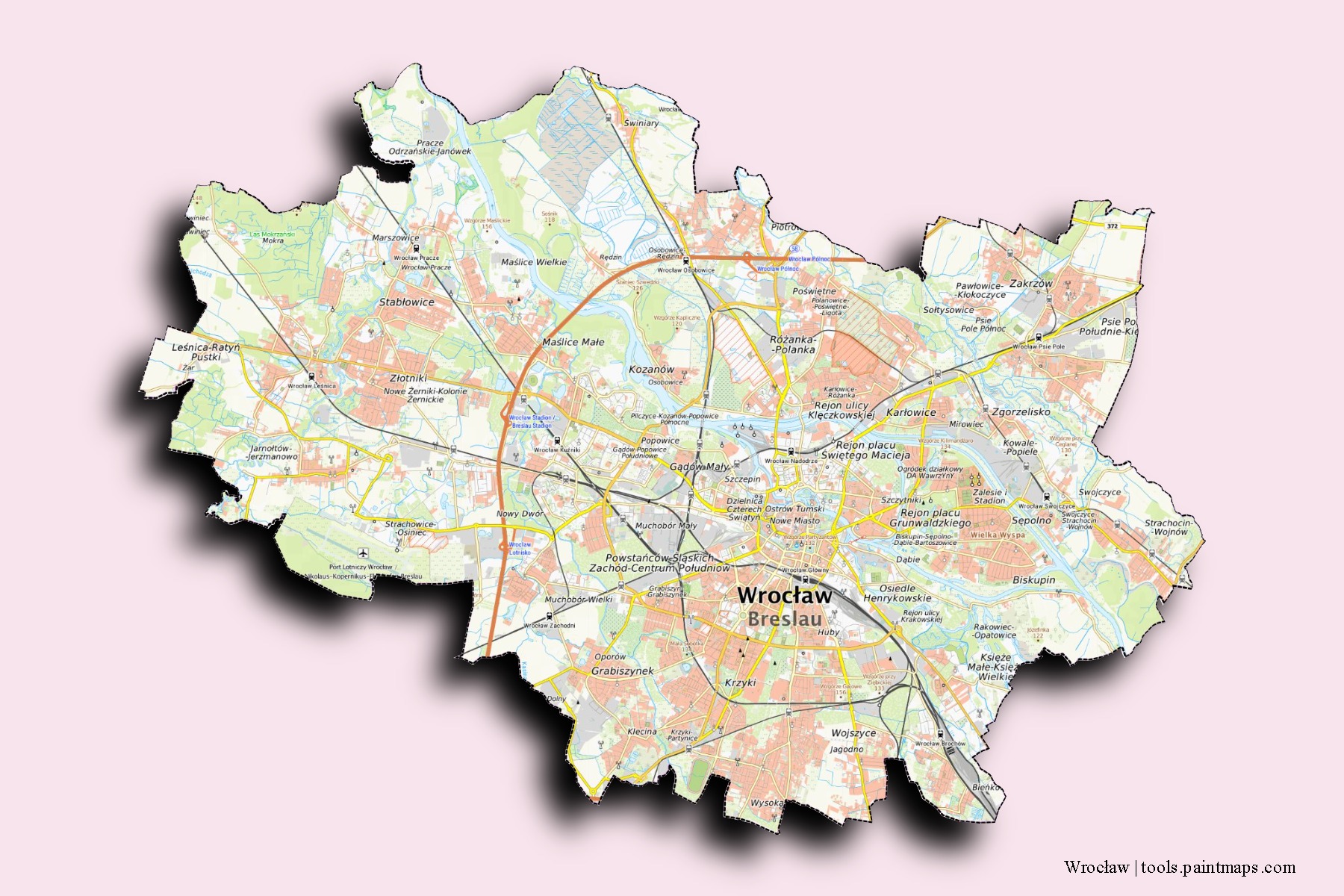 Mapa de barrios y pueblos de Wrocław con efecto de sombra 3D