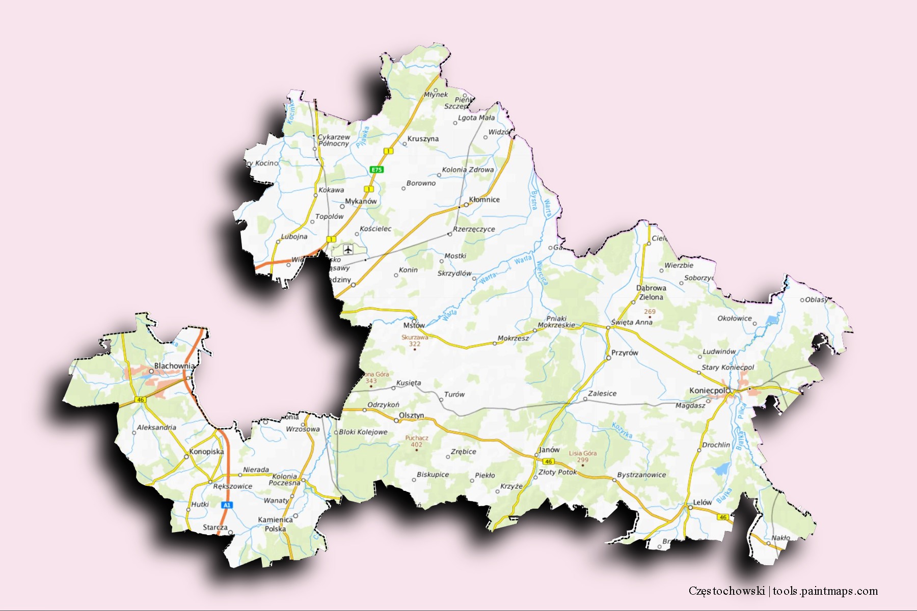 Częstochowski neighborhoods and villages map with 3D shadow effect