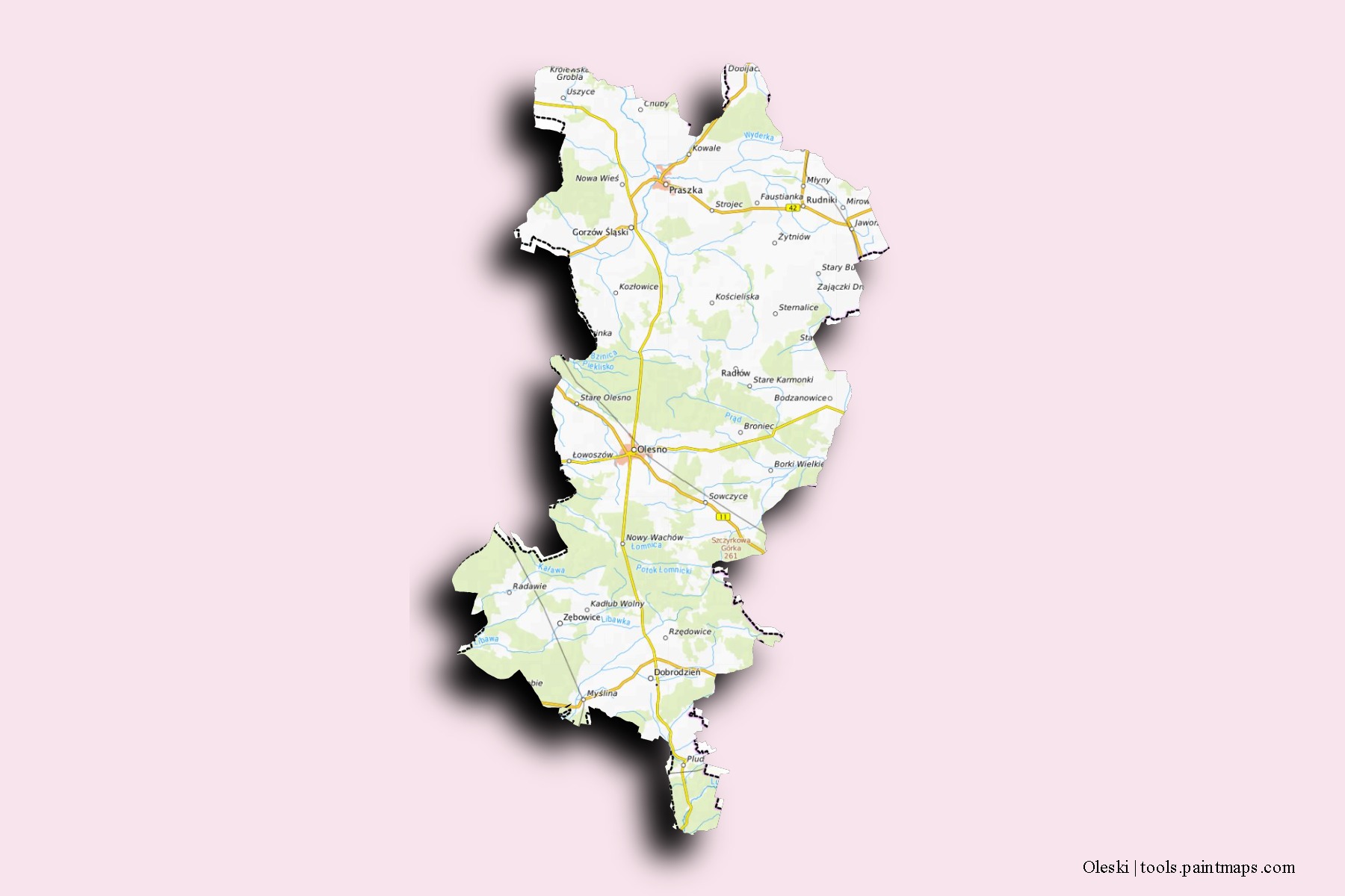 Mapa de barrios y pueblos de Oleski con efecto de sombra 3D