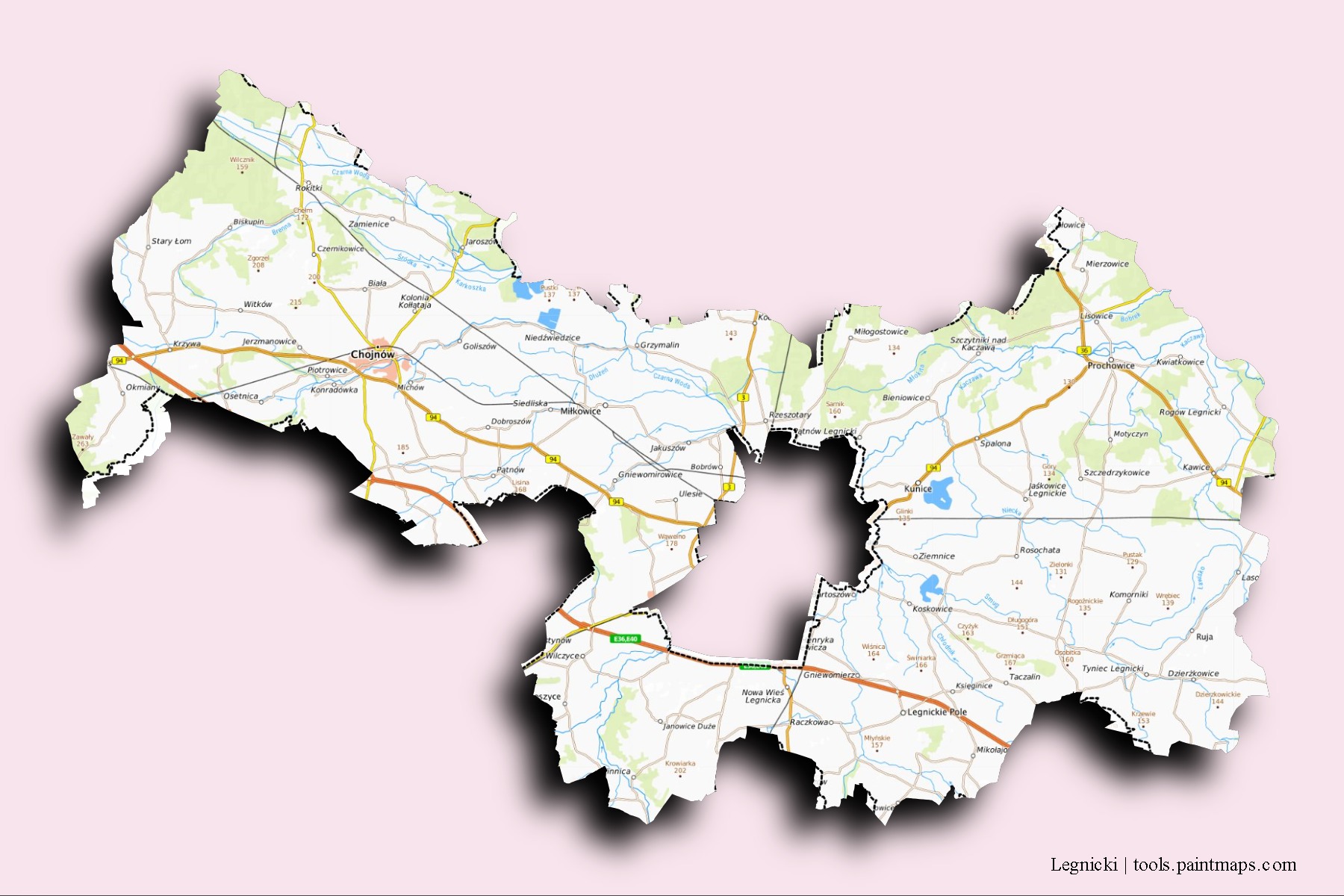 3D gölge efektli Legnicki mahalleleri ve köyleri haritası