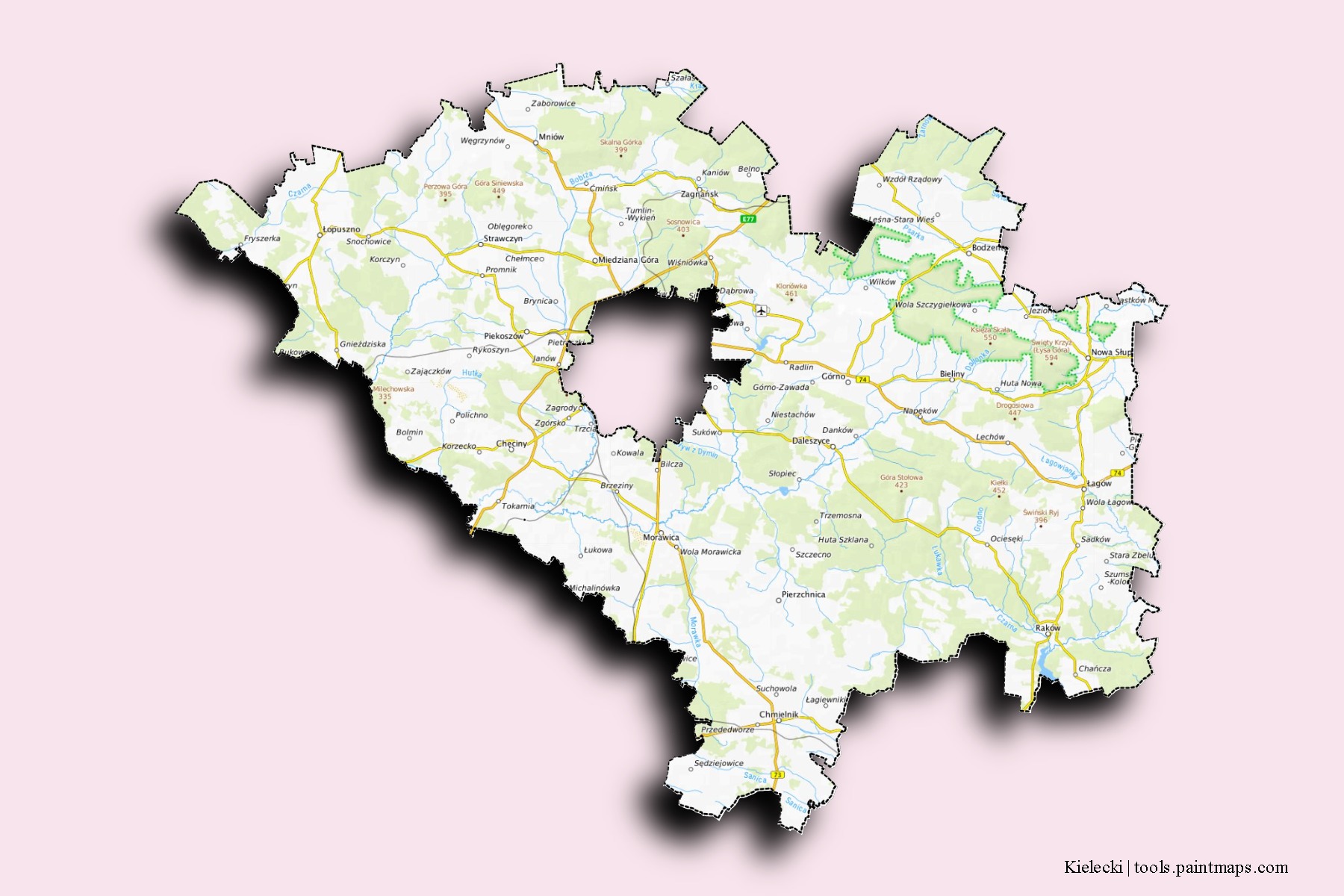 Kielce County neighborhoods and villages map with 3D shadow effect