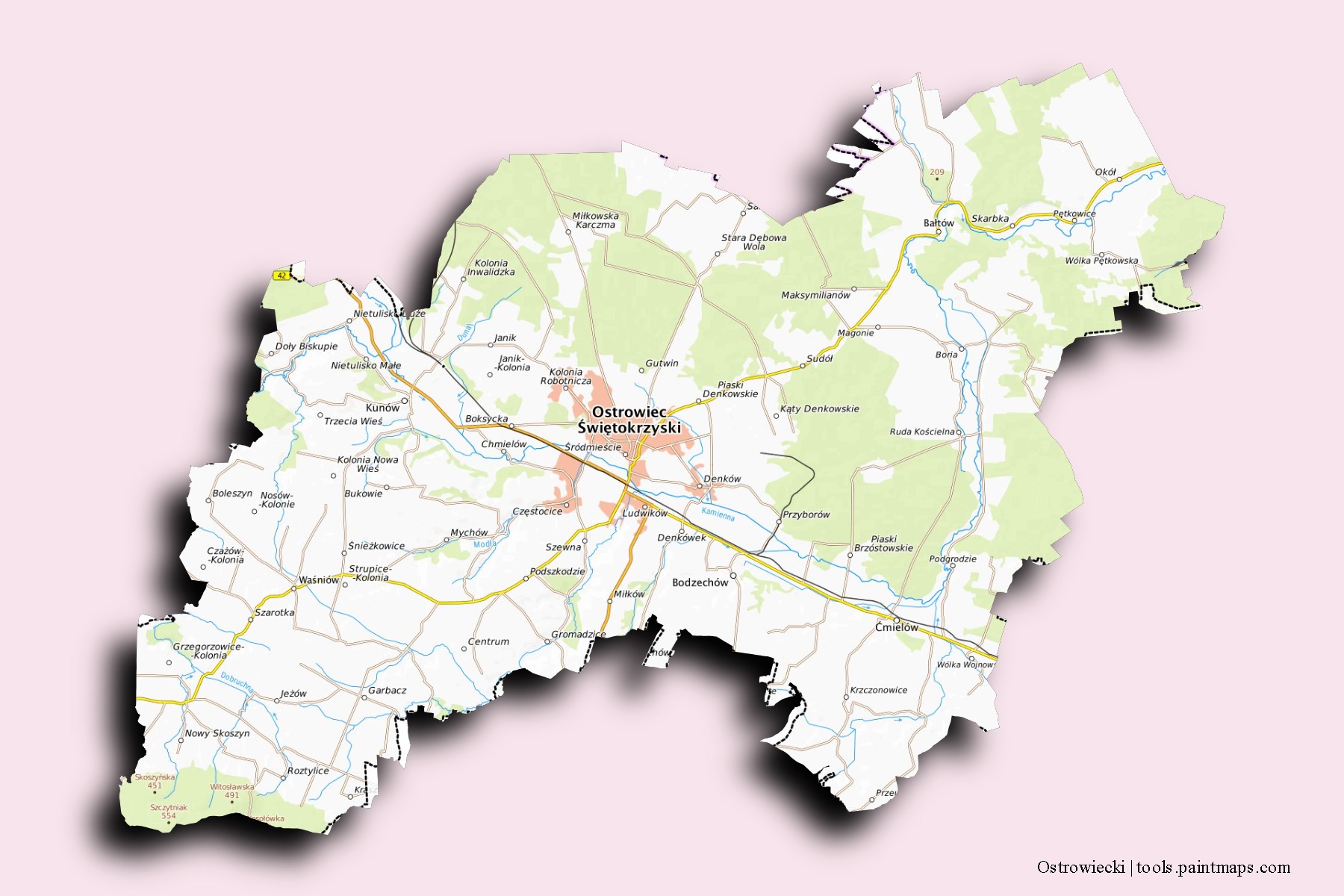 Ostrowiec neighborhoods and villages map with 3D shadow effect