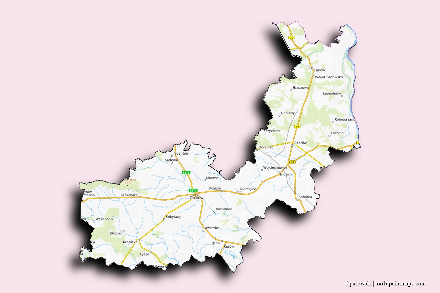 Mapa de barrios y pueblos de Opatowski con efecto de sombra 3D