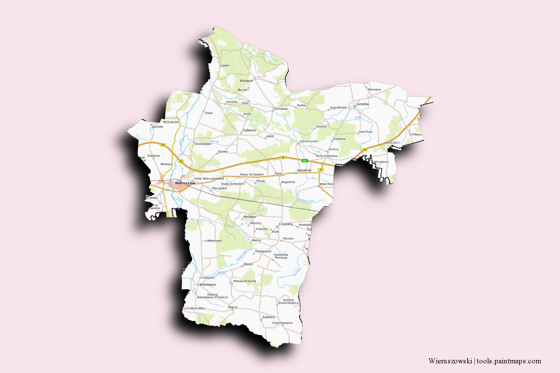 Wieruszów neighborhoods and villages map with 3D shadow effect