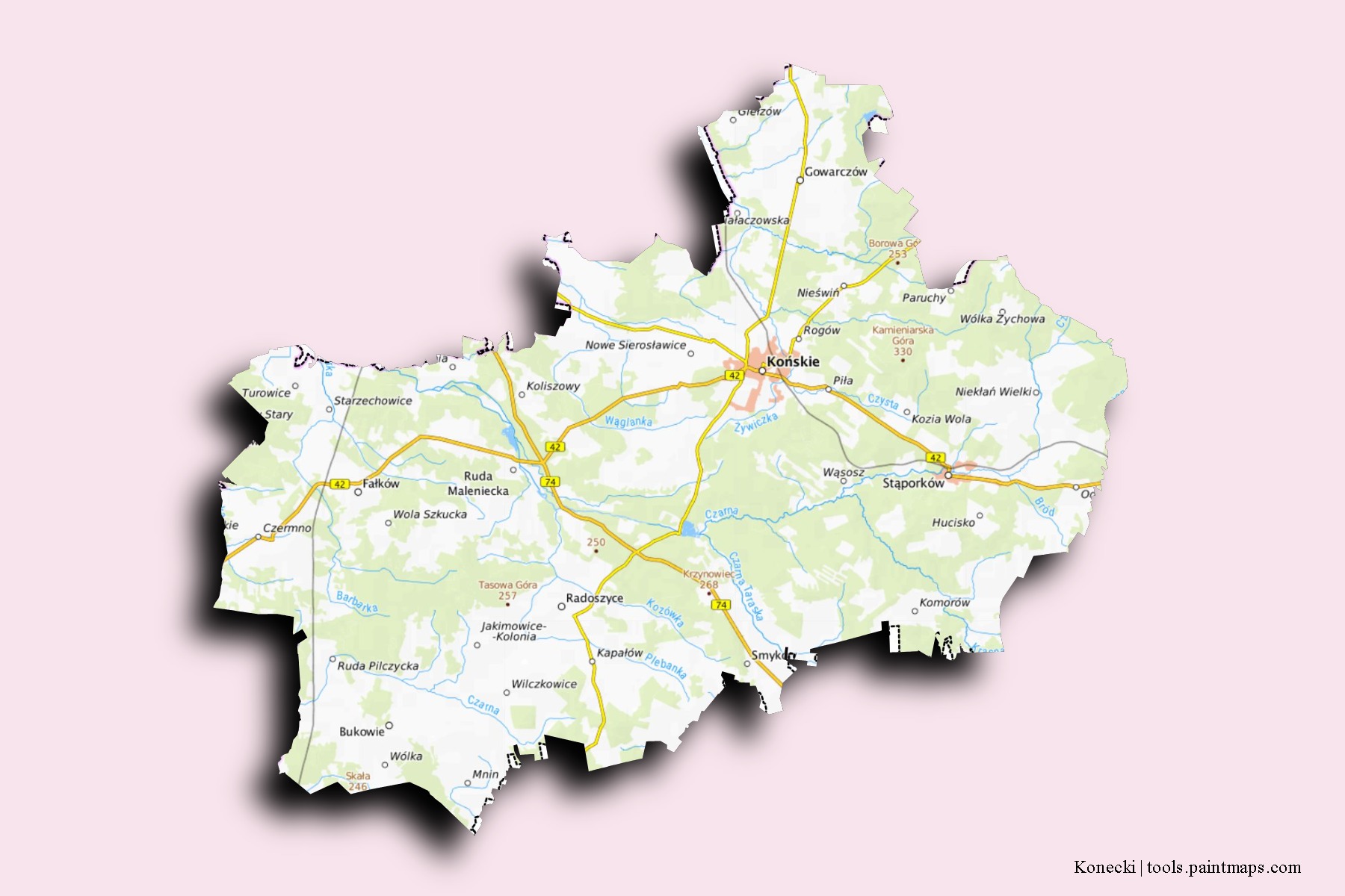 Końskie neighborhoods and villages map with 3D shadow effect