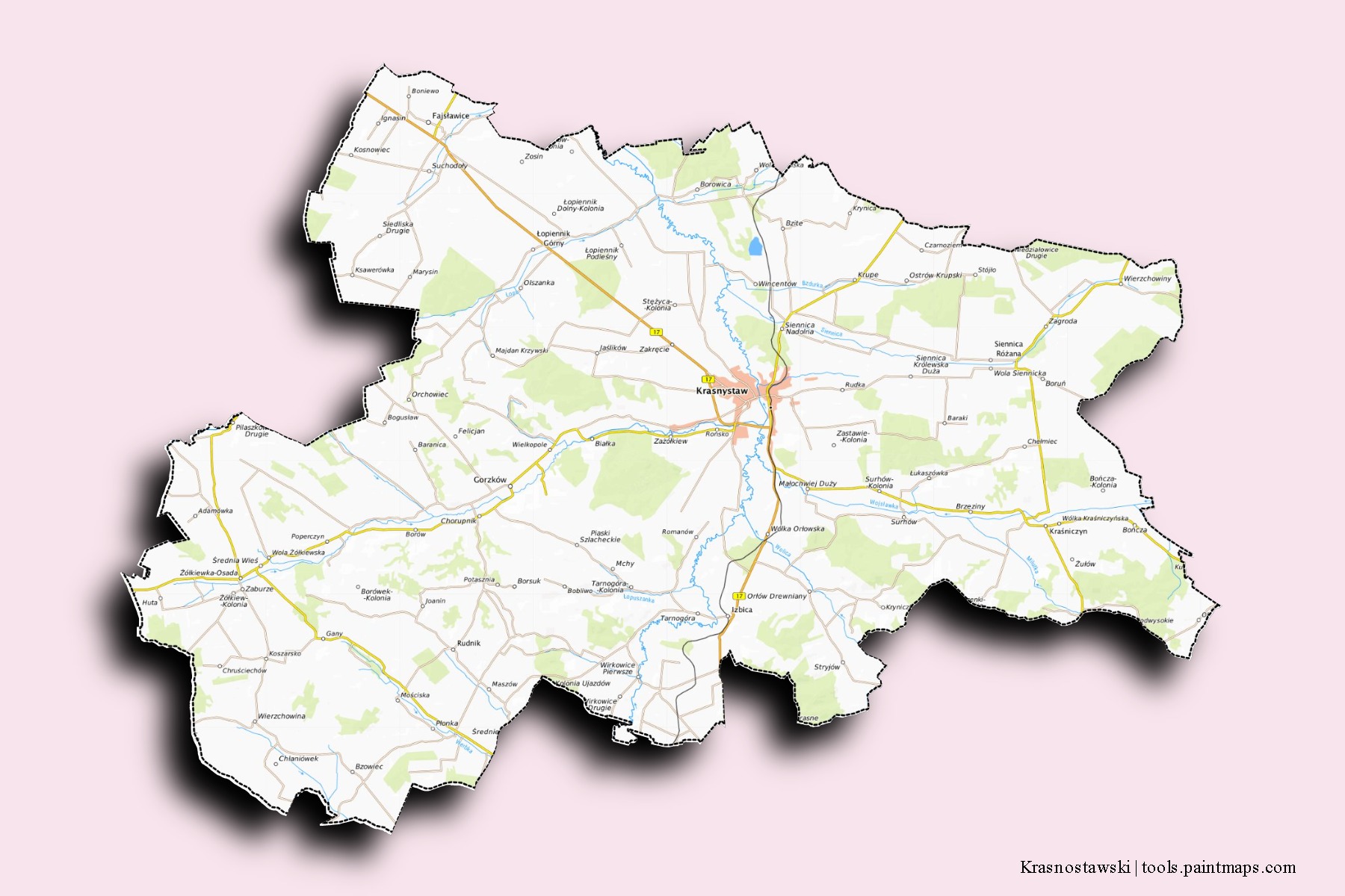 Krasnystaw neighborhoods and villages map with 3D shadow effect