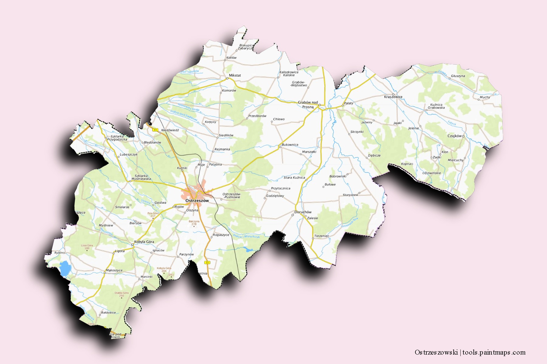 Ostrzeszów neighborhoods and villages map with 3D shadow effect