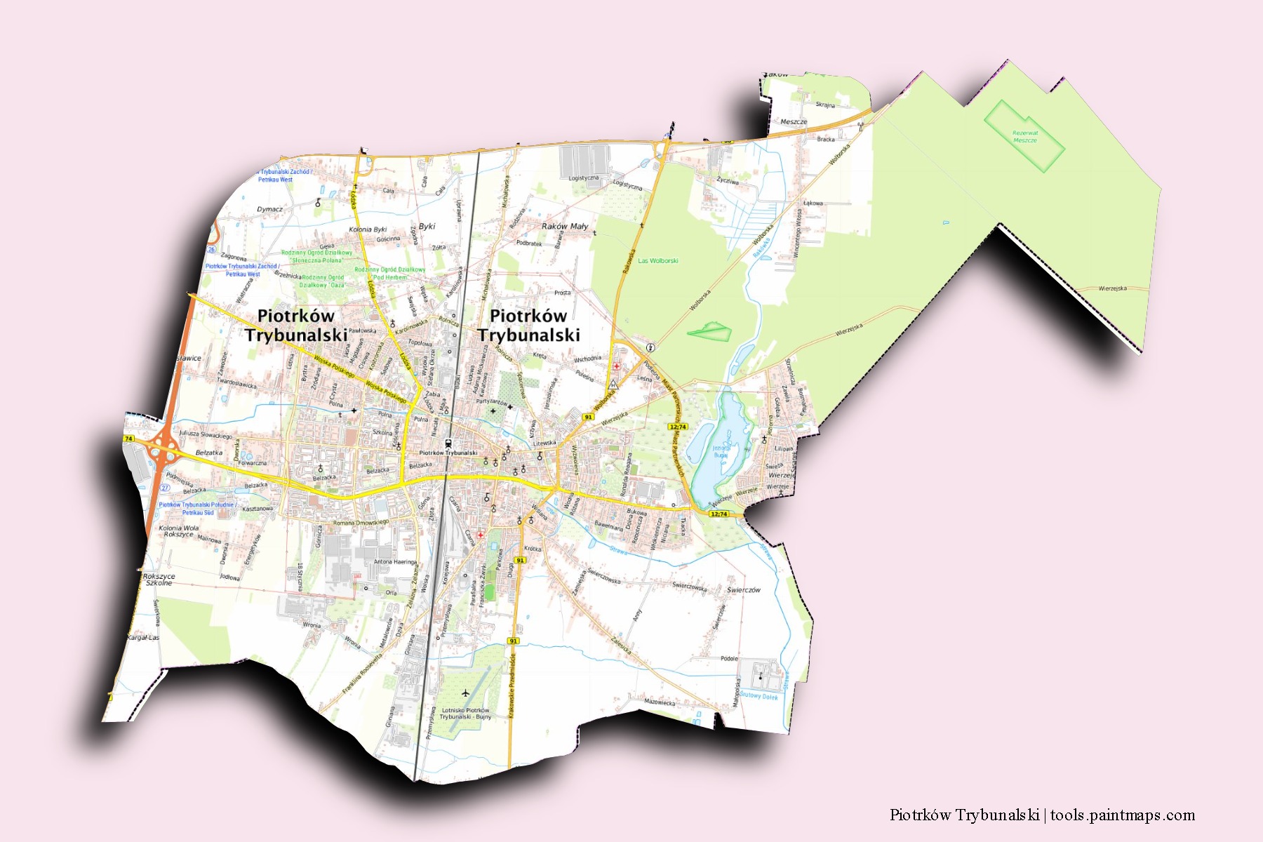 Mapa de barrios y pueblos de Piotrków Trybunalski con efecto de sombra 3D