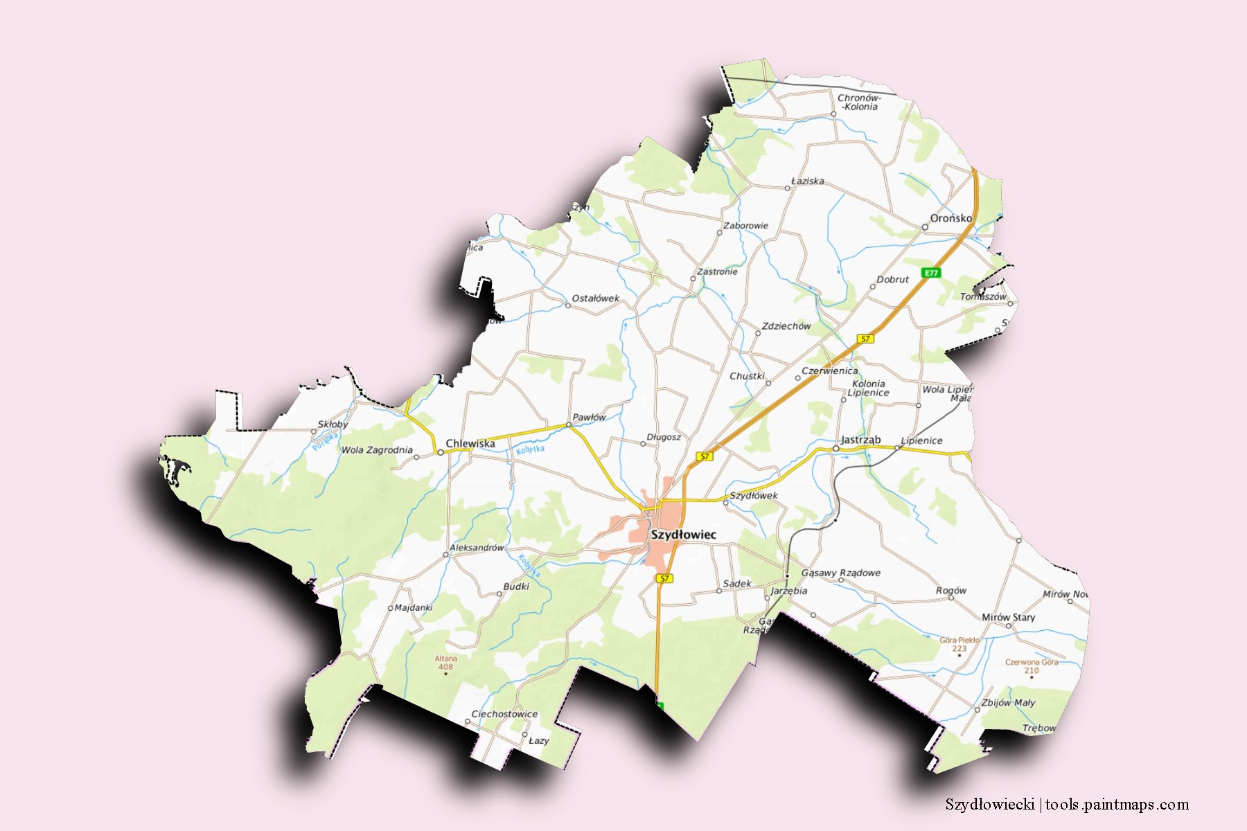 Mapa de barrios y pueblos de Szydłowiecki con efecto de sombra 3D