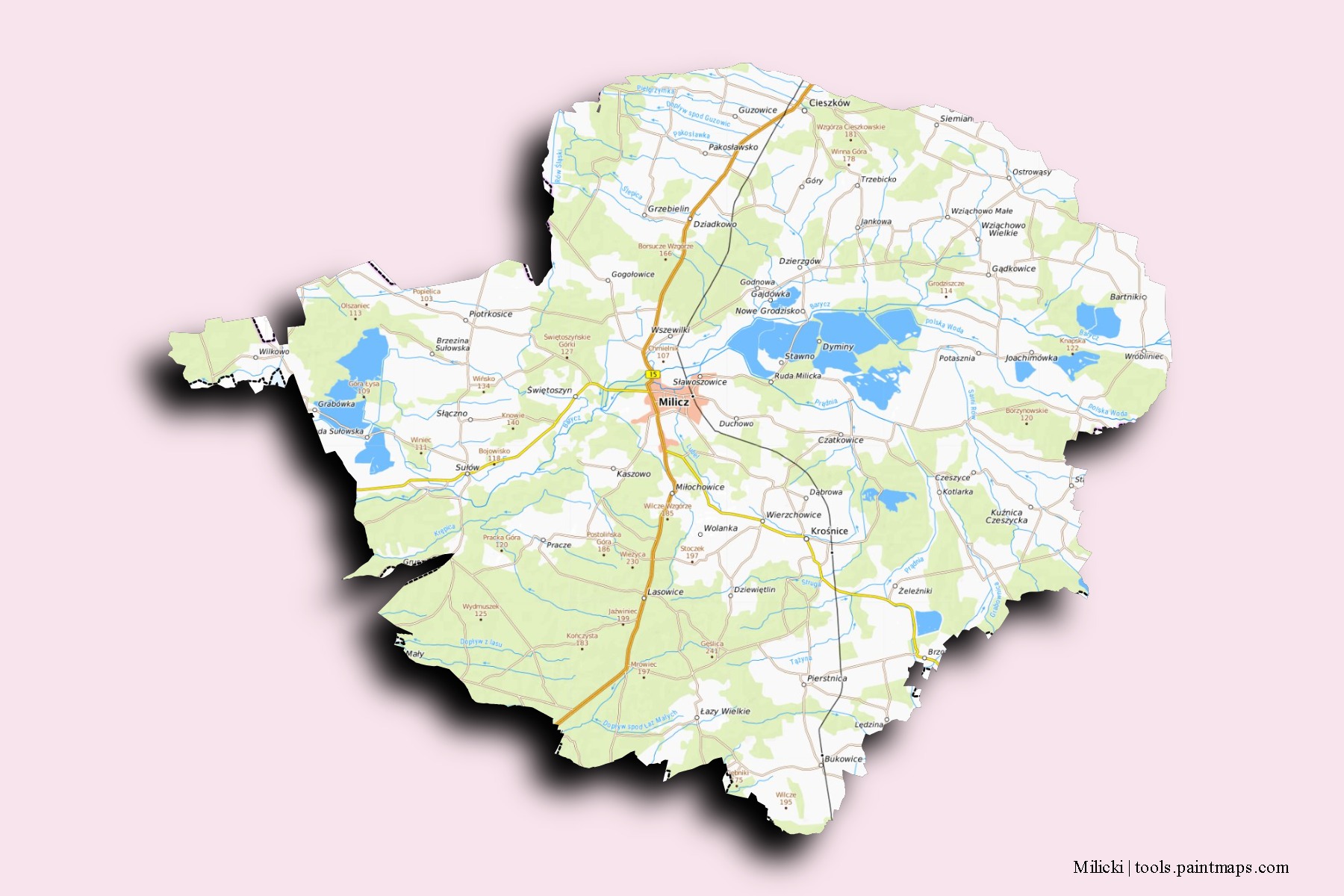 Mapa de barrios y pueblos de Milicki con efecto de sombra 3D