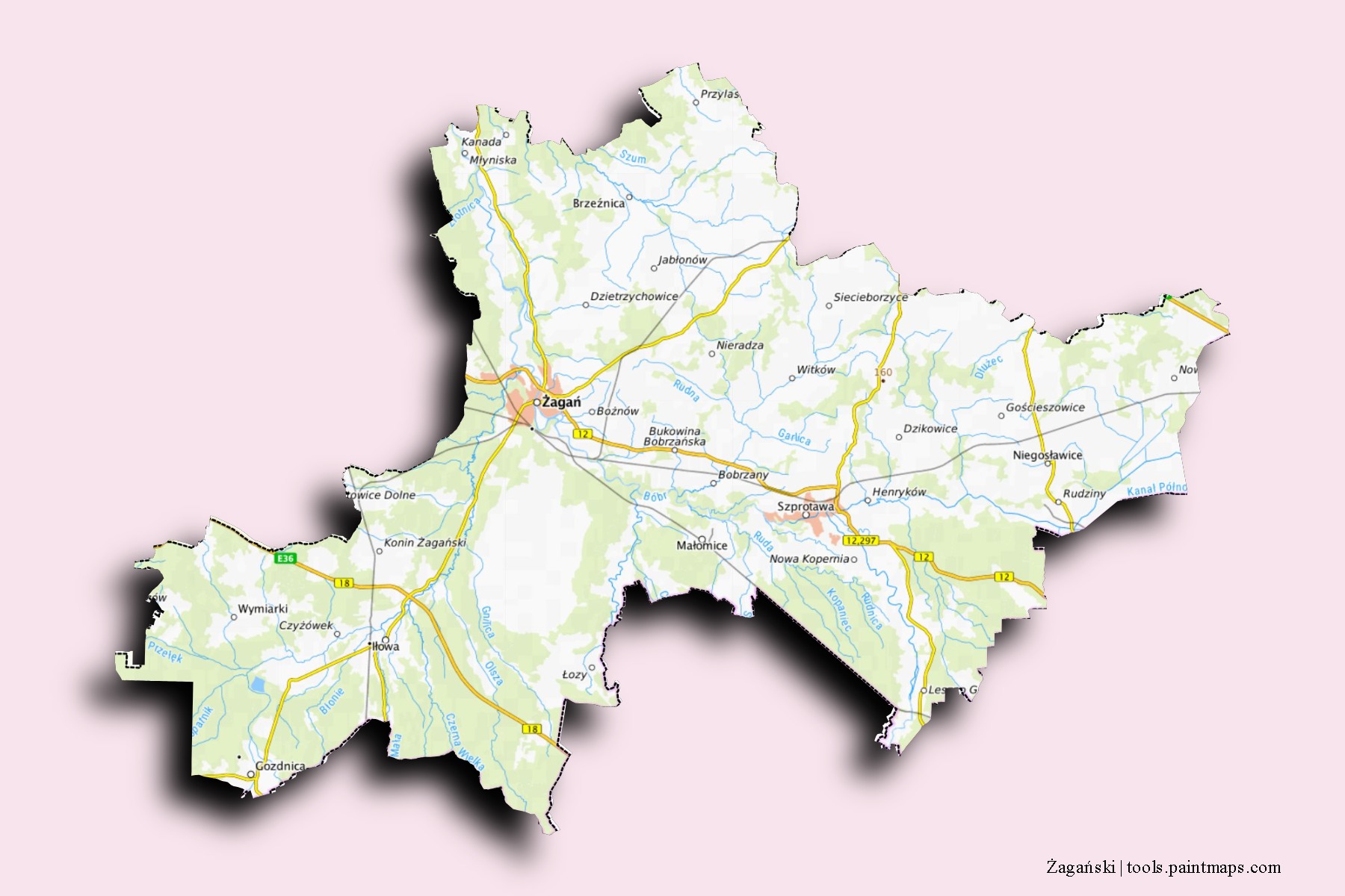 Żagański neighborhoods and villages map with 3D shadow effect