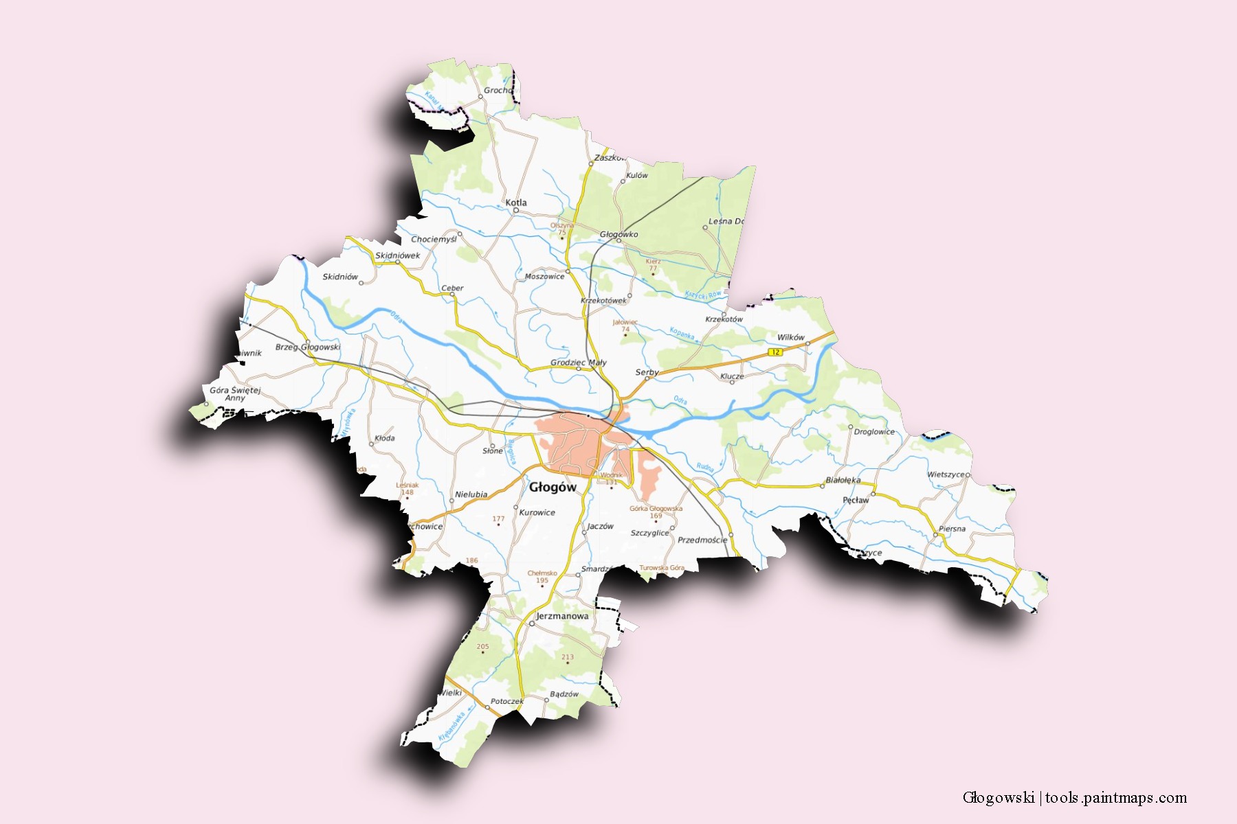 Głogowski neighborhoods and villages map with 3D shadow effect