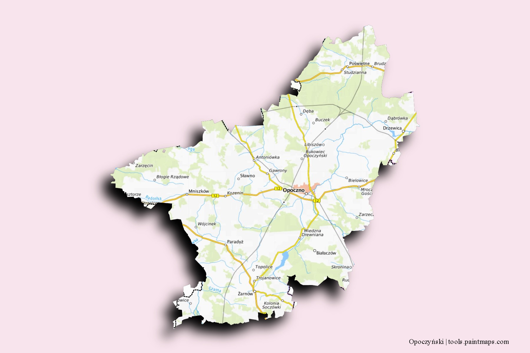 Mapa de barrios y pueblos de Opoczyński con efecto de sombra 3D