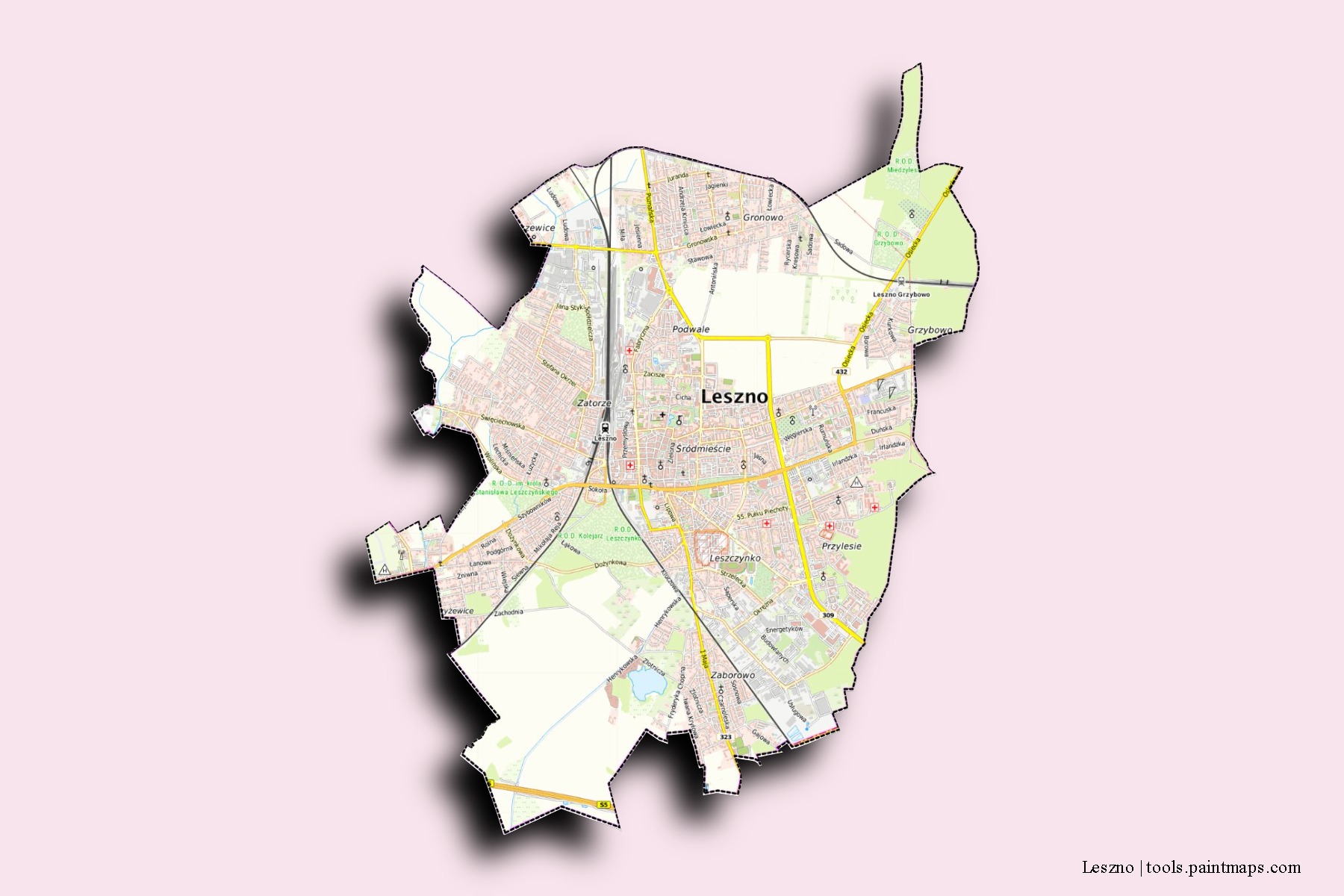 Mapa de barrios y pueblos de Leszno con efecto de sombra 3D