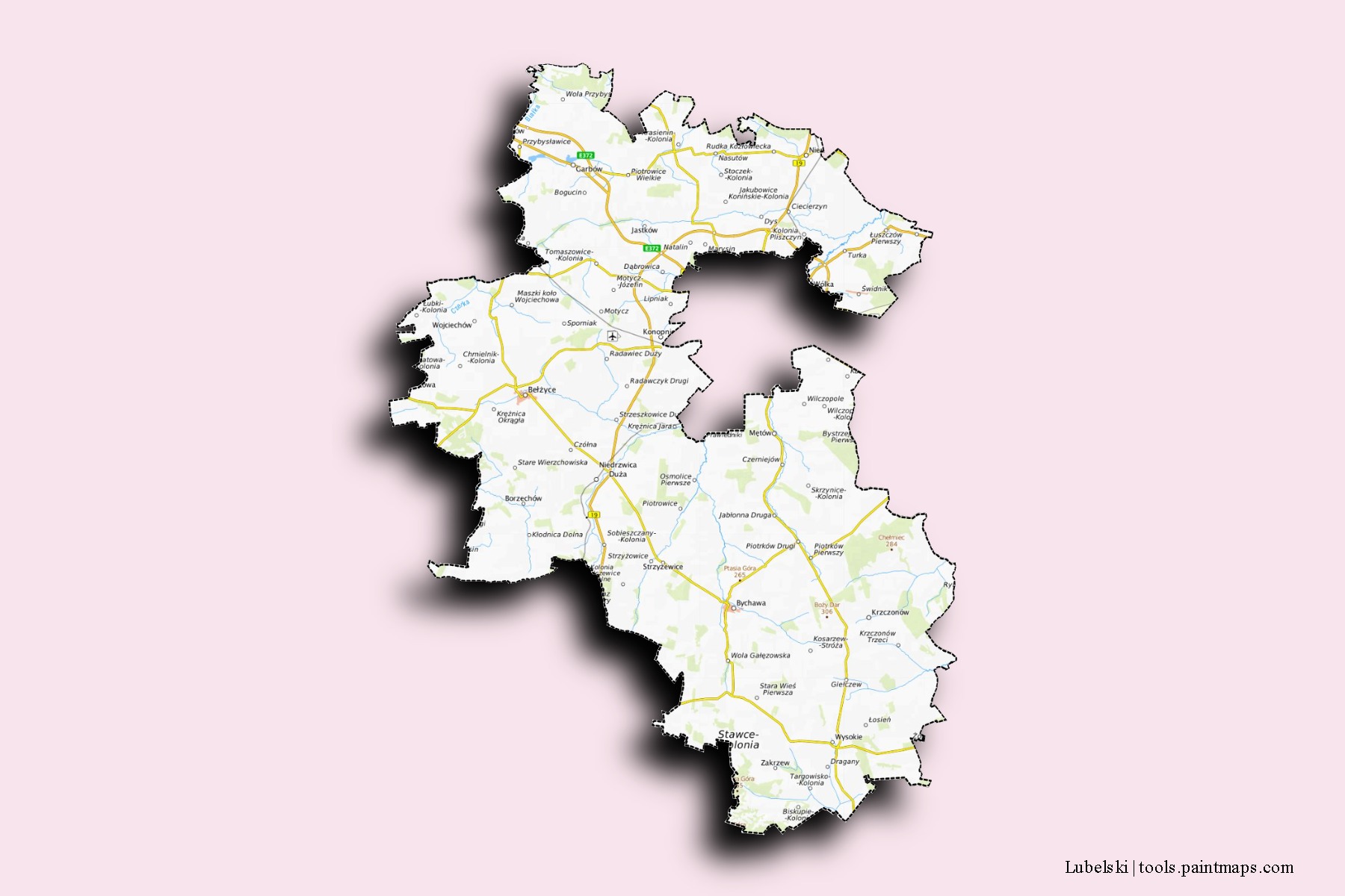 Mapa de barrios y pueblos de Lubelski con efecto de sombra 3D