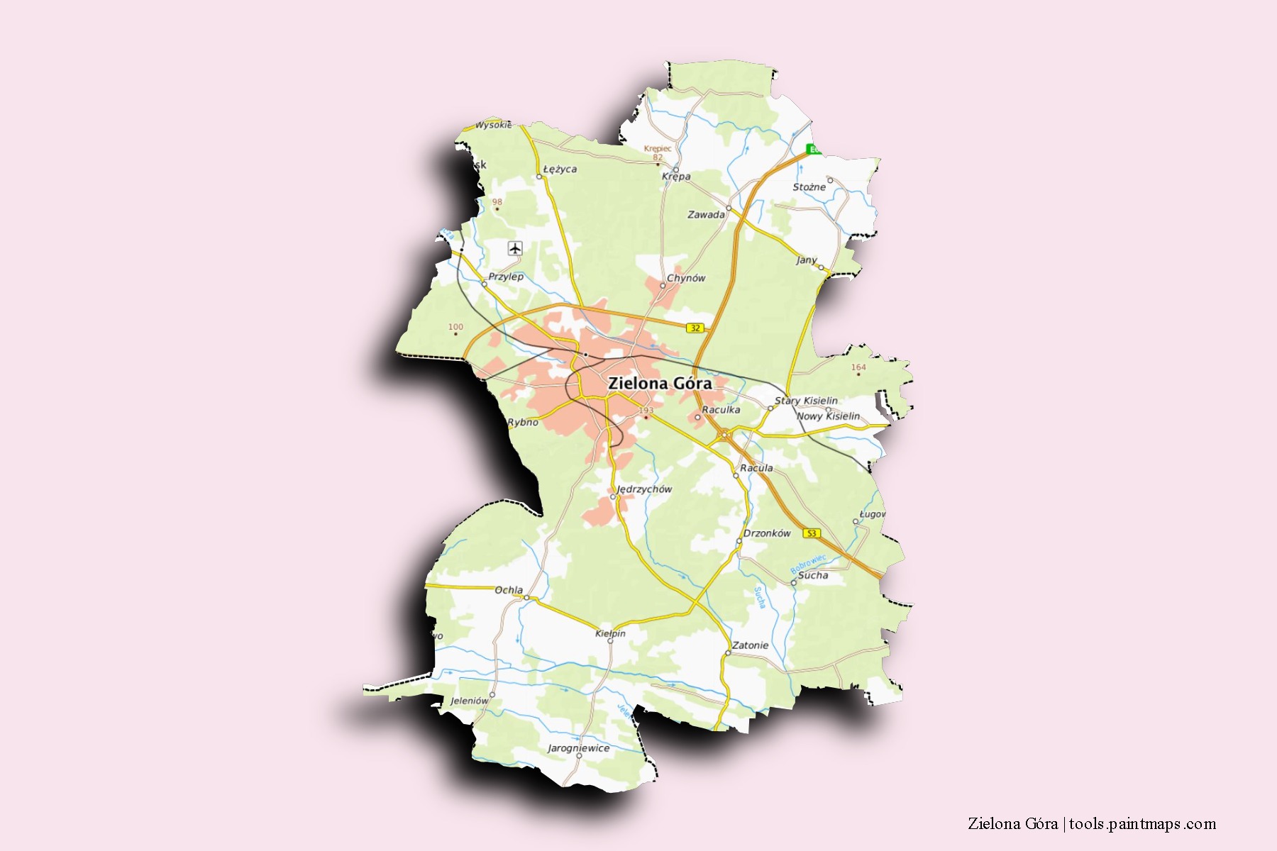 Mapa de barrios y pueblos de Zielona Góra con efecto de sombra 3D