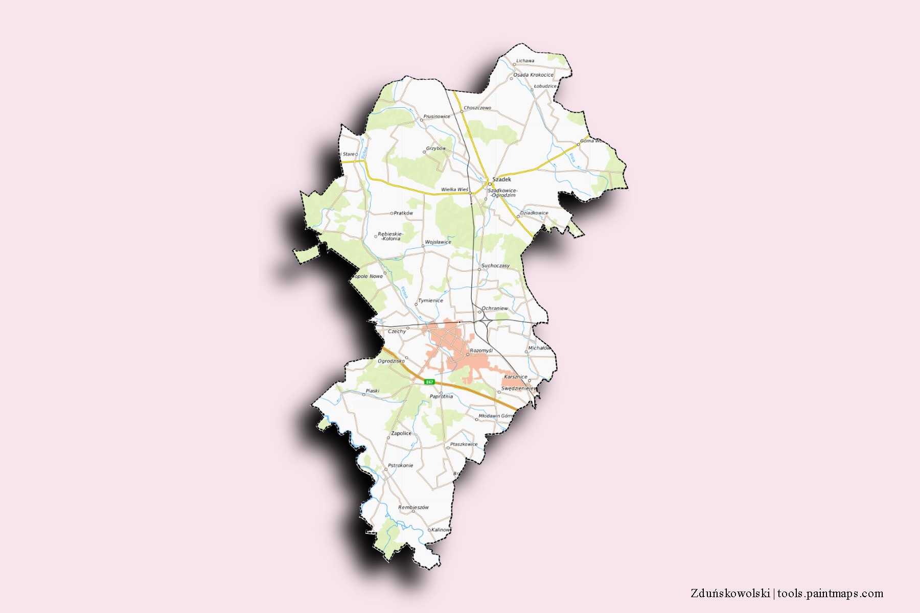 Zduńskowolski neighborhoods and villages map with 3D shadow effect