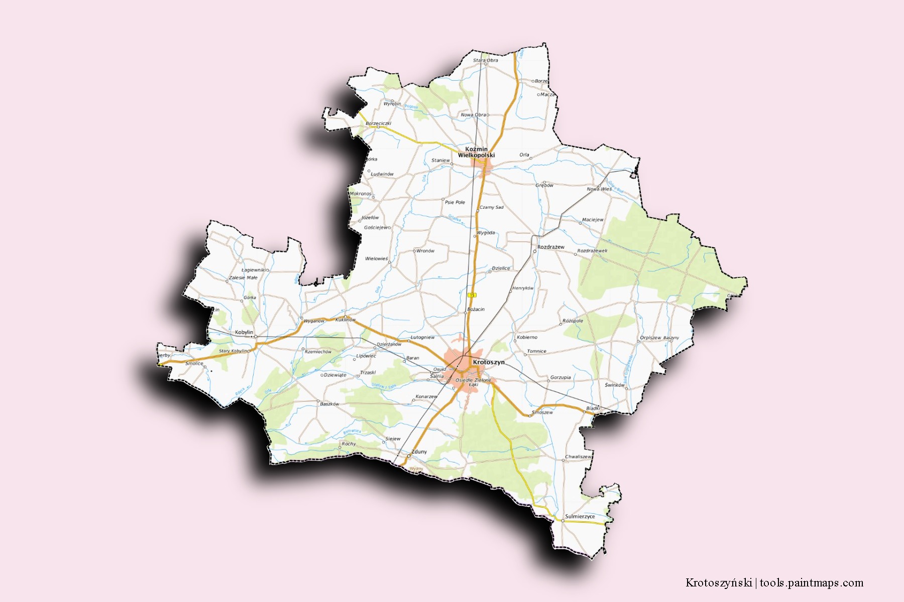 Krotoszyński neighborhoods and villages map with 3D shadow effect