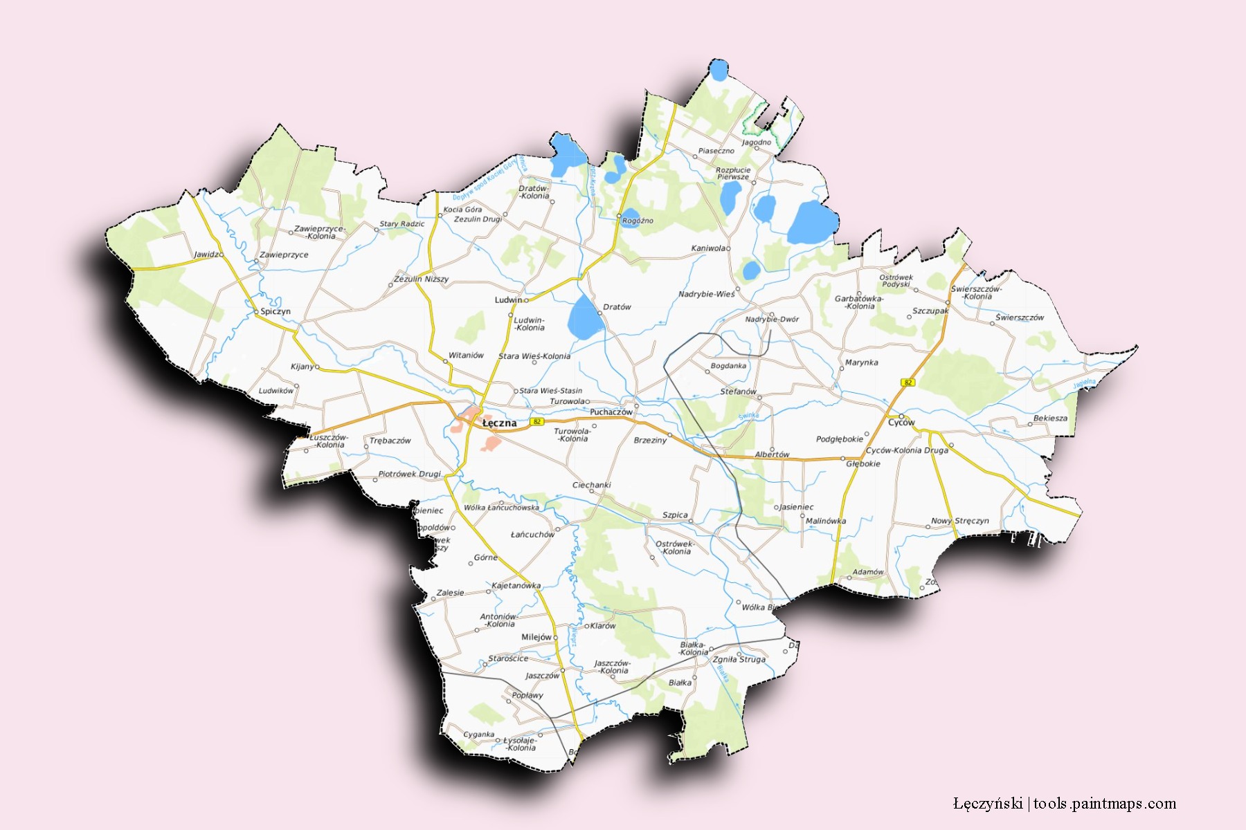 Łęczyński neighborhoods and villages map with 3D shadow effect