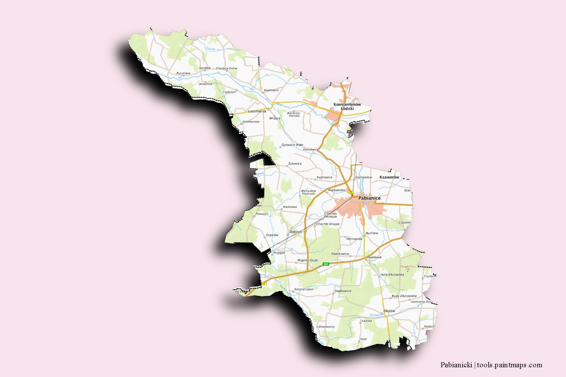 Mapa de barrios y pueblos de Pabianicki con efecto de sombra 3D