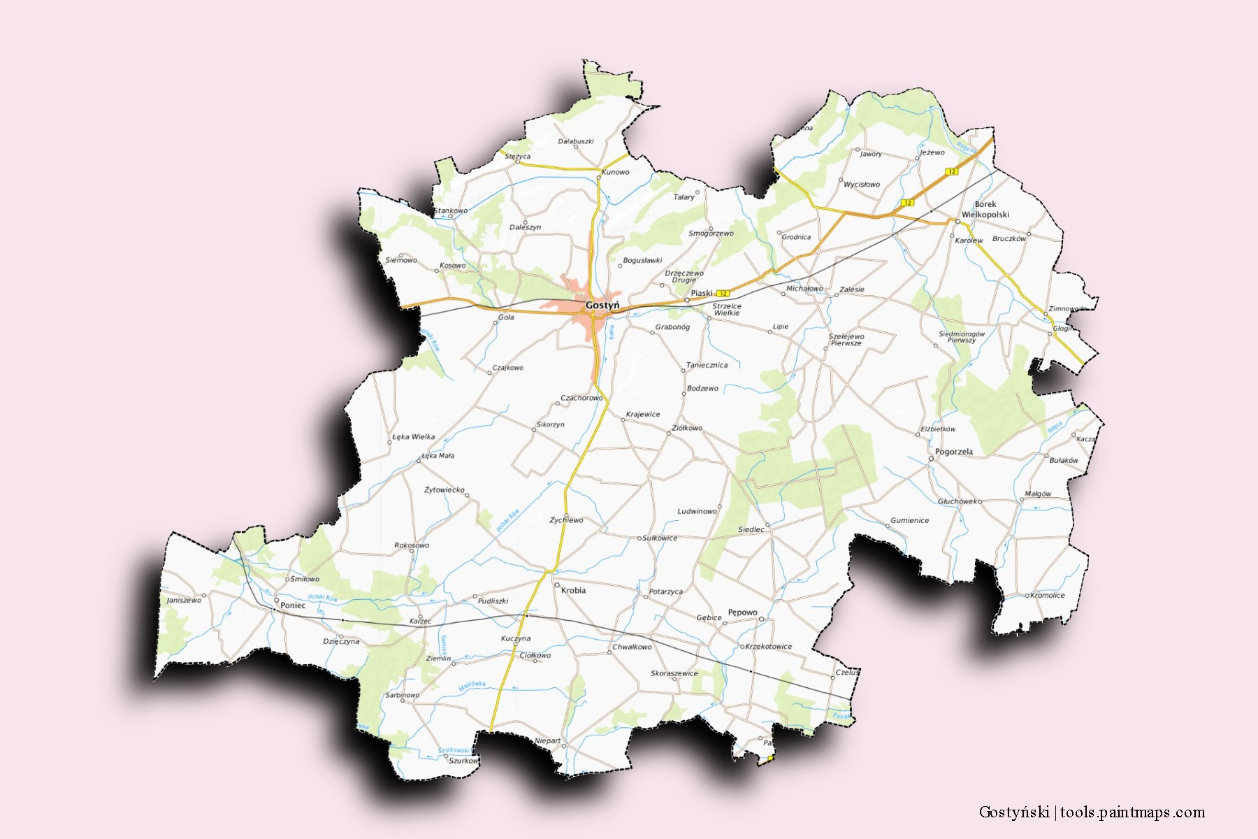 Gostyński neighborhoods and villages map with 3D shadow effect