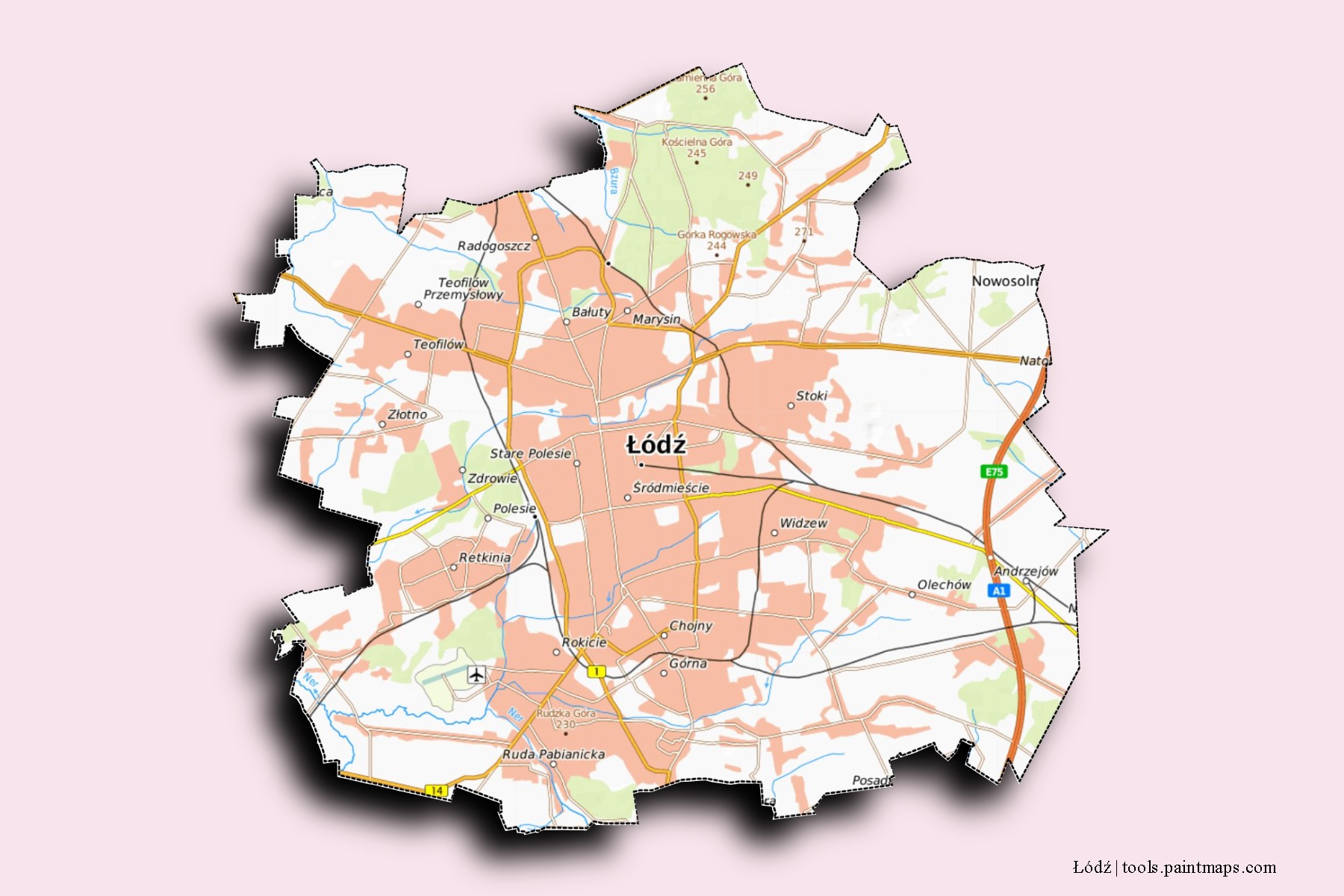 Łódź neighborhoods and villages map with 3D shadow effect