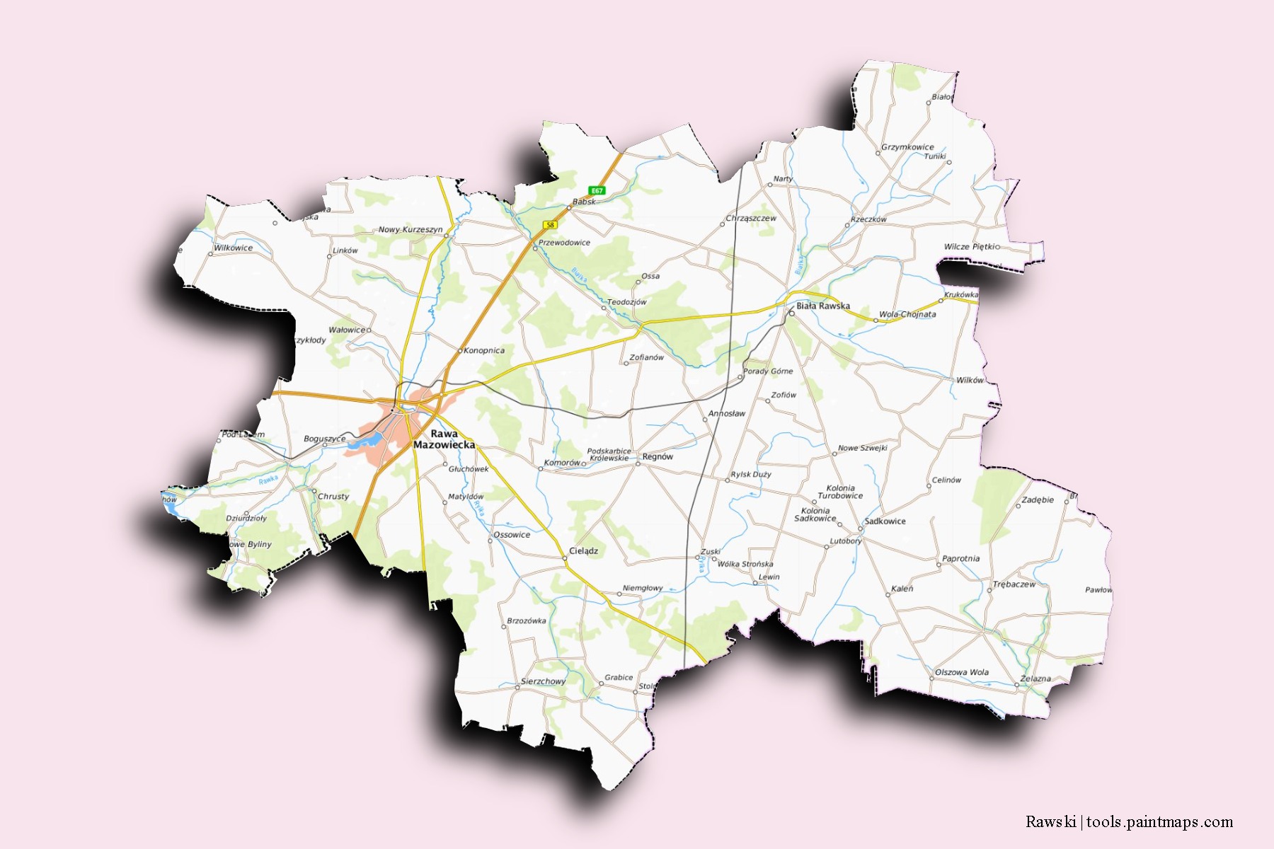 Mapa de barrios y pueblos de Rawski con efecto de sombra 3D