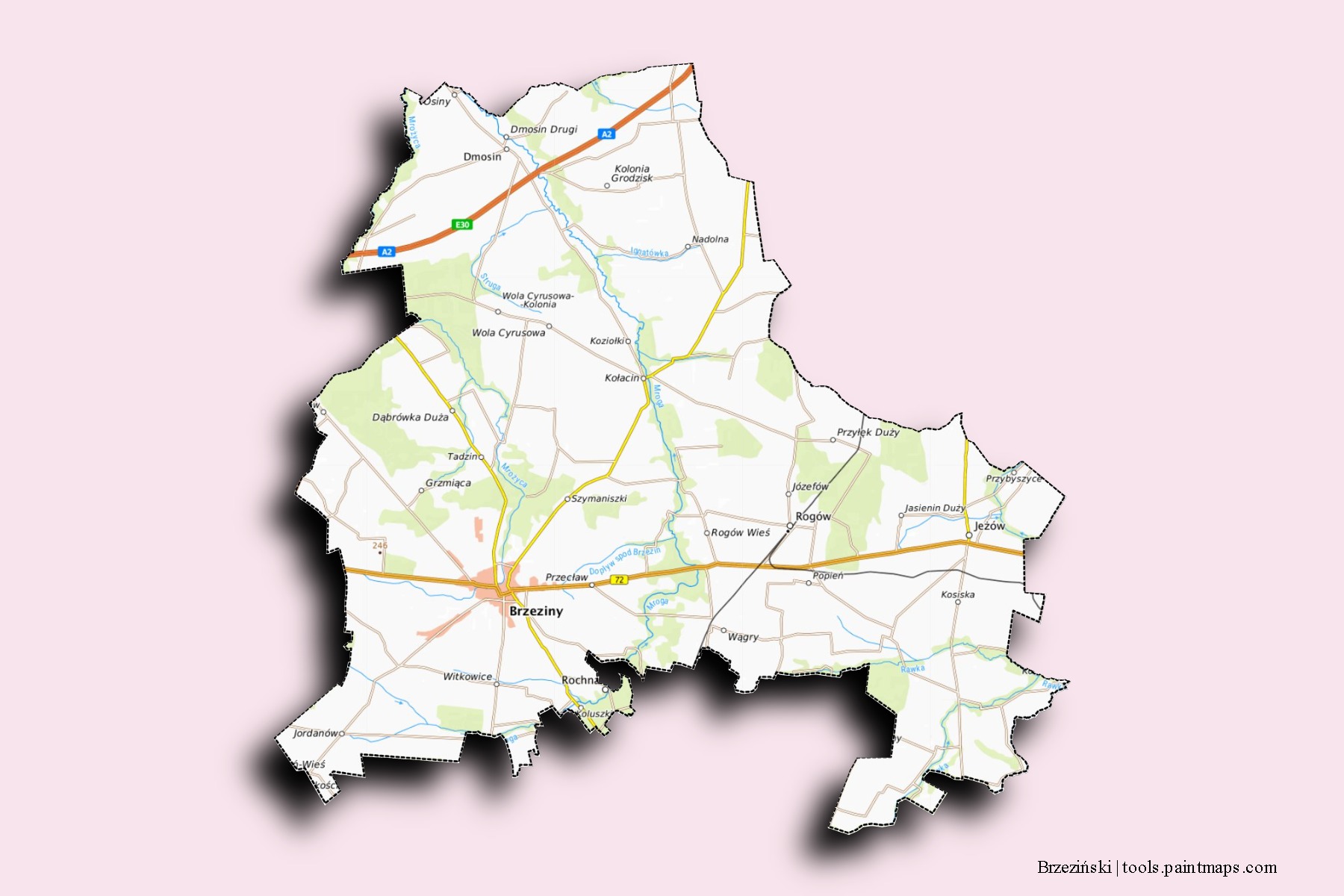 Mapa de barrios y pueblos de Brzeziński con efecto de sombra 3D