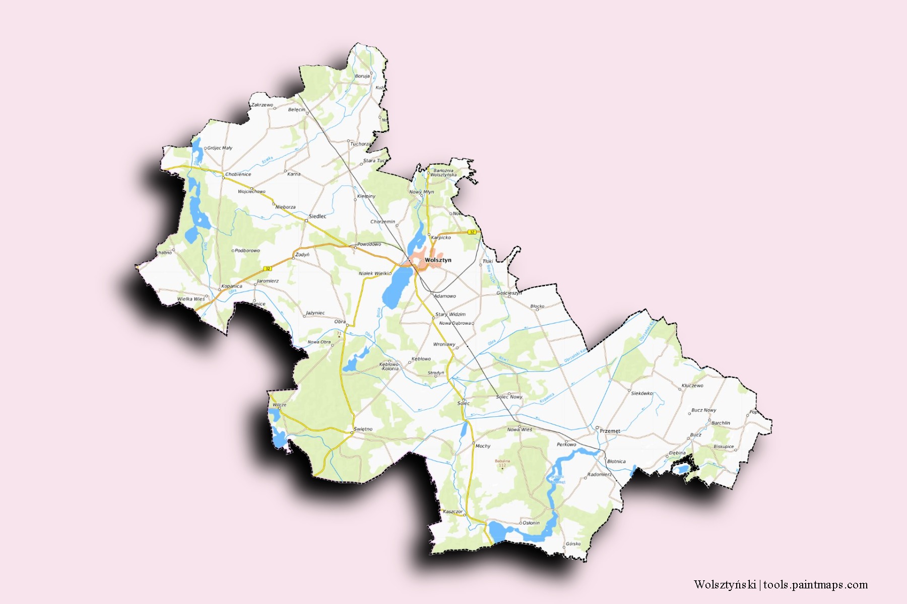 Wolsztyński neighborhoods and villages map with 3D shadow effect