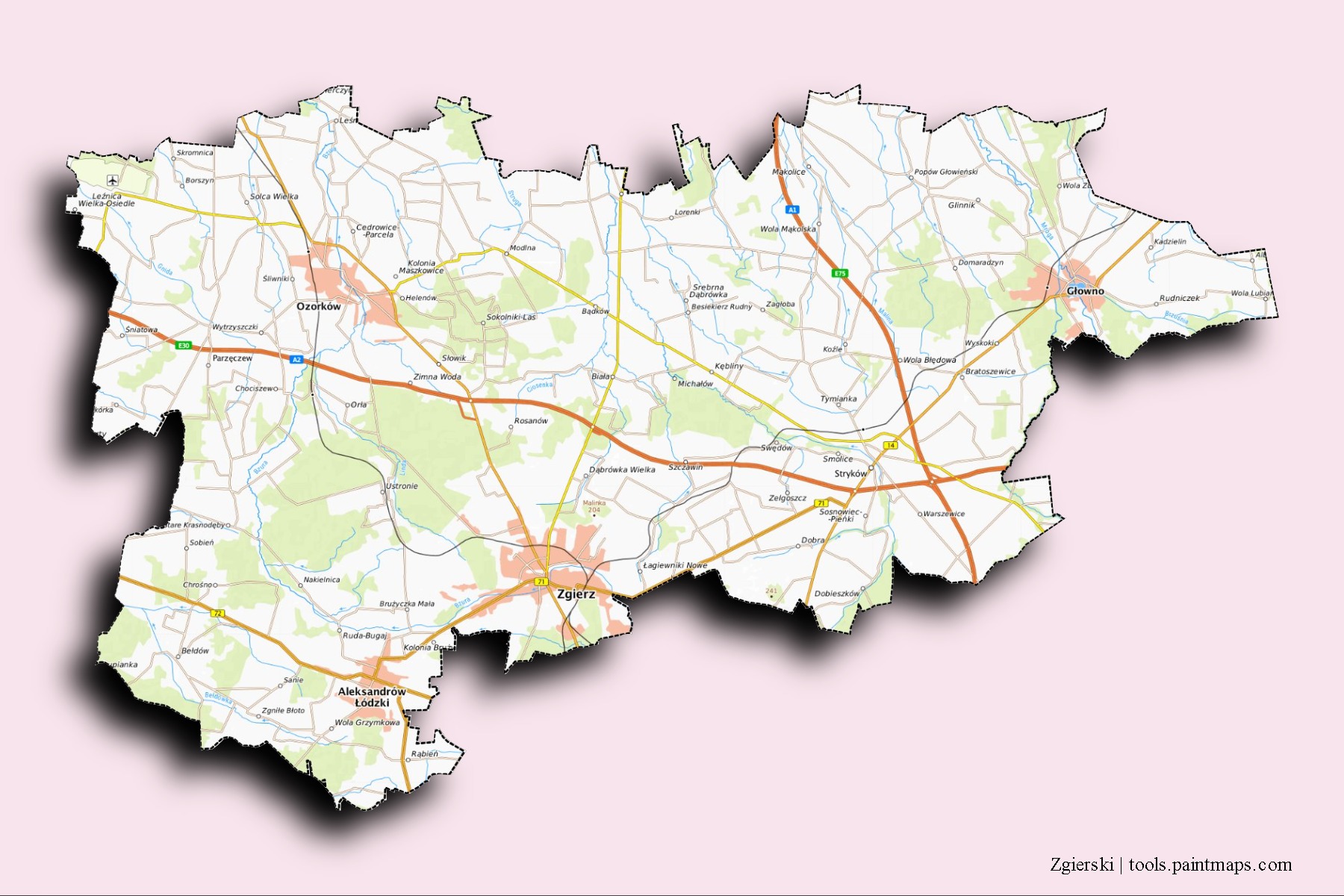 Mapa de barrios y pueblos de Zgierski con efecto de sombra 3D