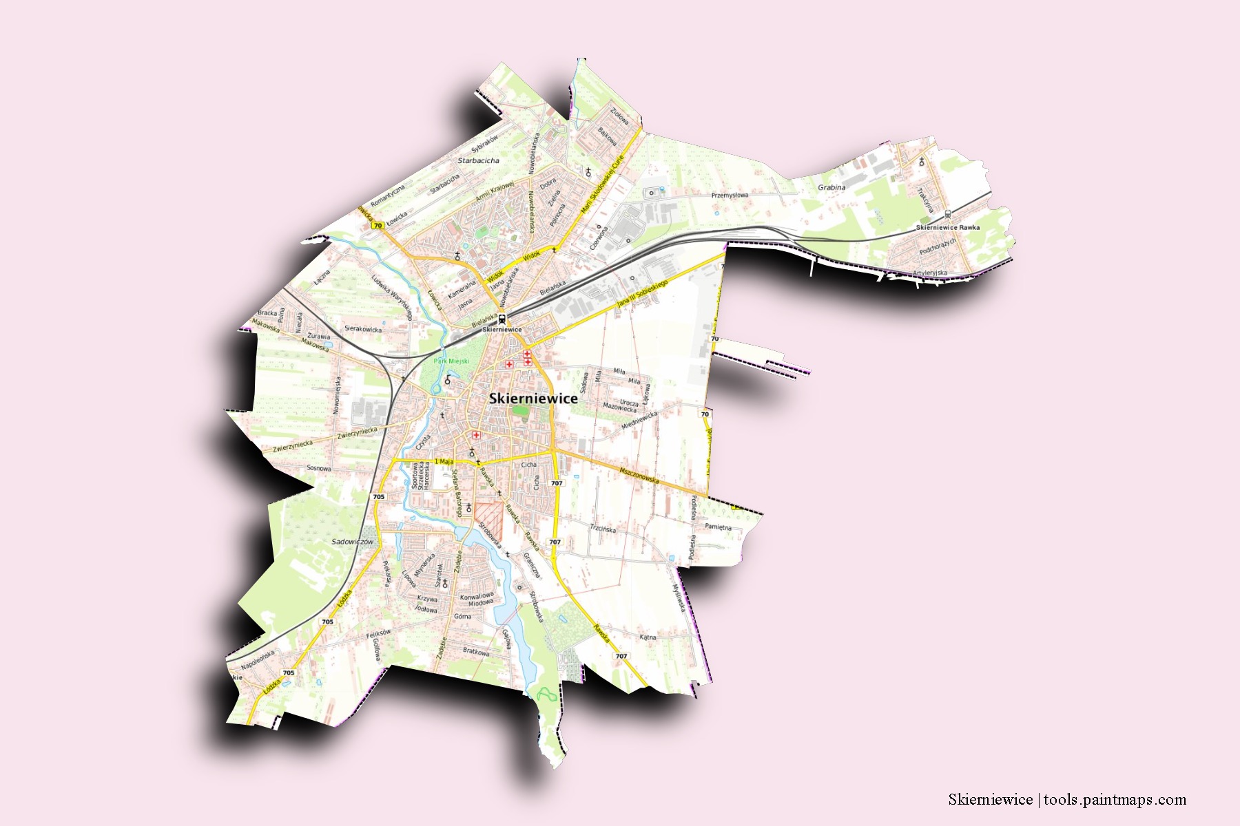 Mapa de barrios y pueblos de Skierniewice con efecto de sombra 3D