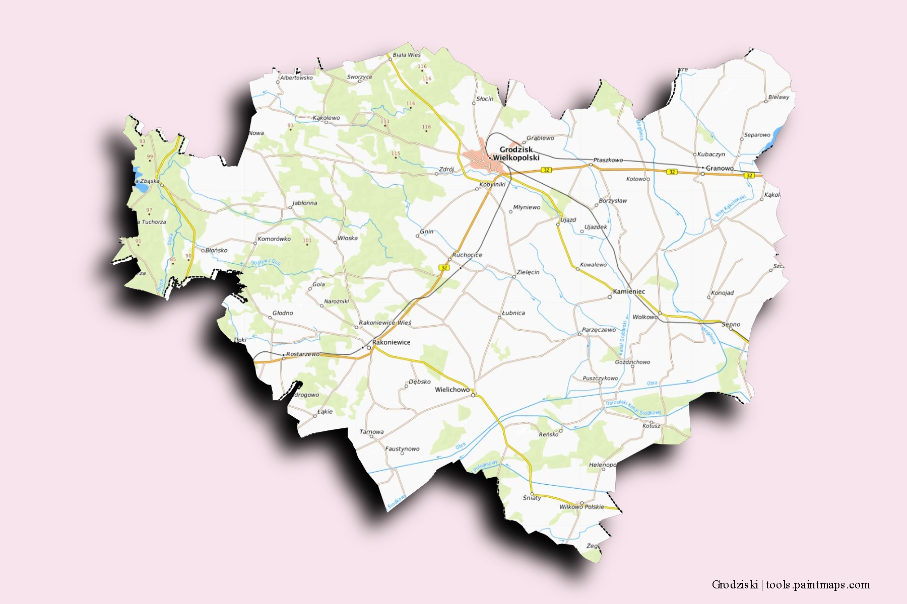 Mapa de barrios y pueblos de Grodziski con efecto de sombra 3D