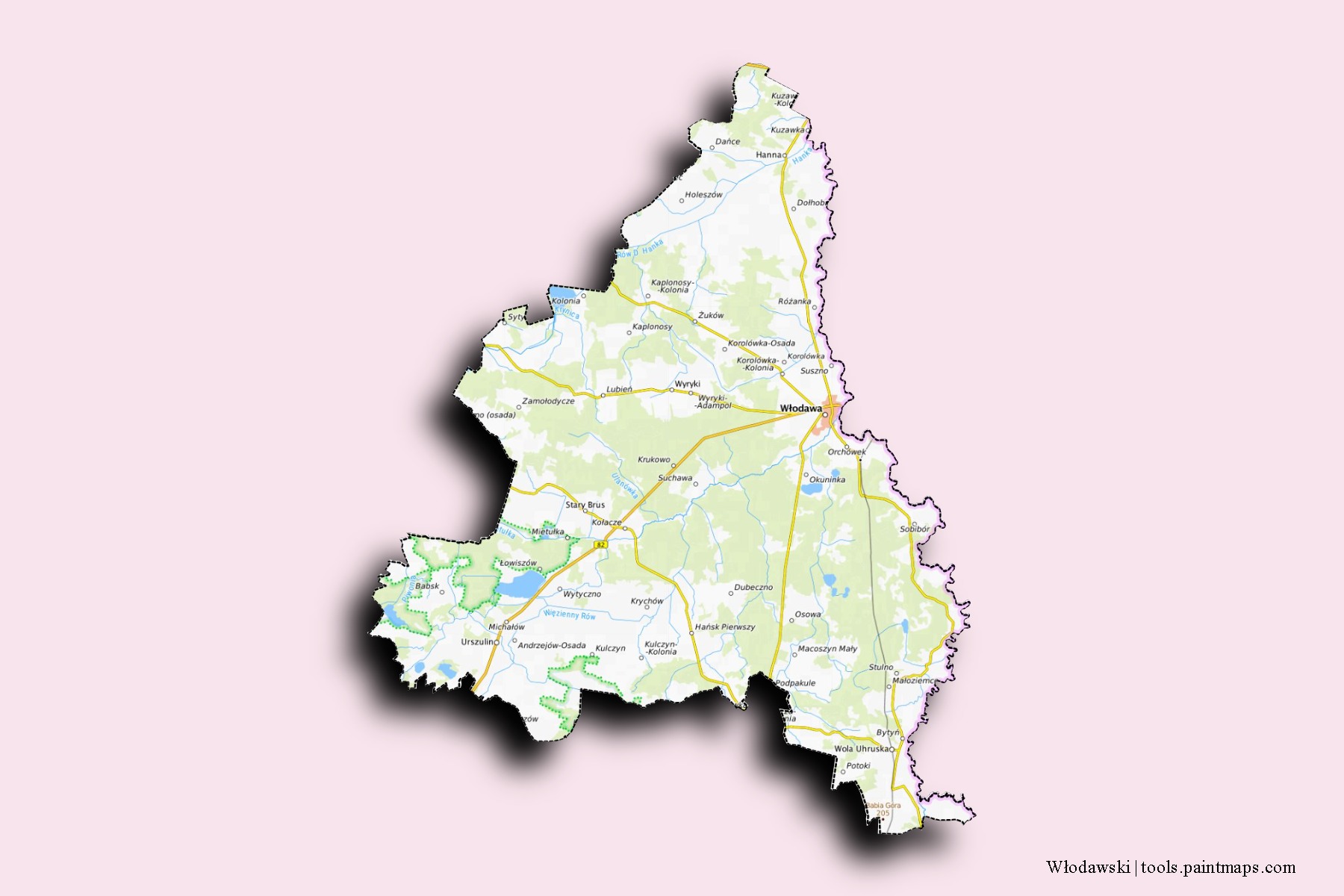 Mapa de barrios y pueblos de Włodawski con efecto de sombra 3D