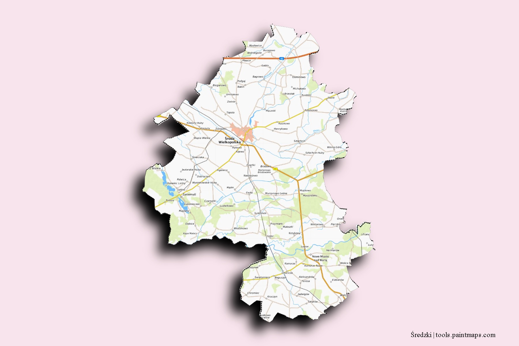 Mapa de barrios y pueblos de Średzki con efecto de sombra 3D