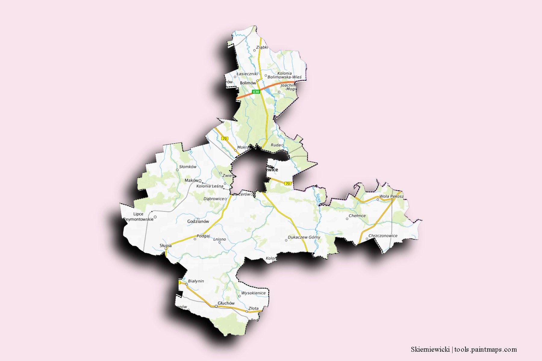 Skierniewice County neighborhoods and villages map with 3D shadow effect