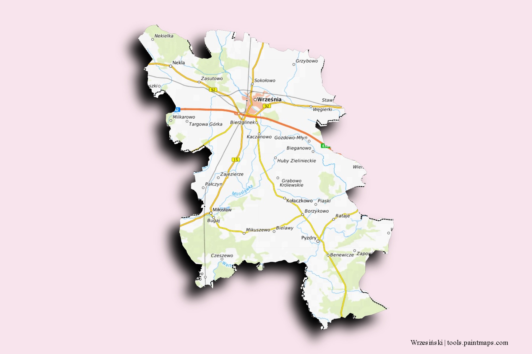 Wrzesiński neighborhoods and villages map with 3D shadow effect