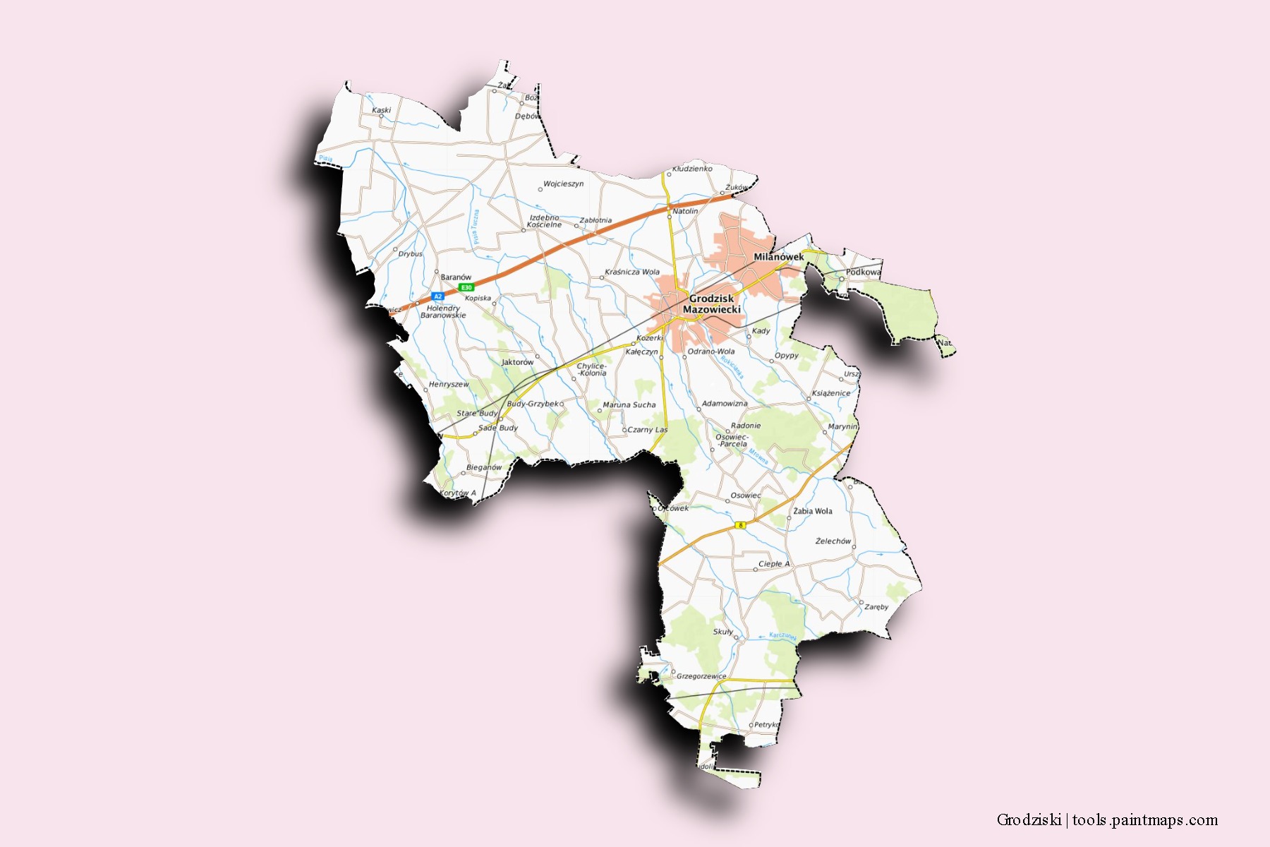 Mapa de barrios y pueblos de Grodziski con efecto de sombra 3D