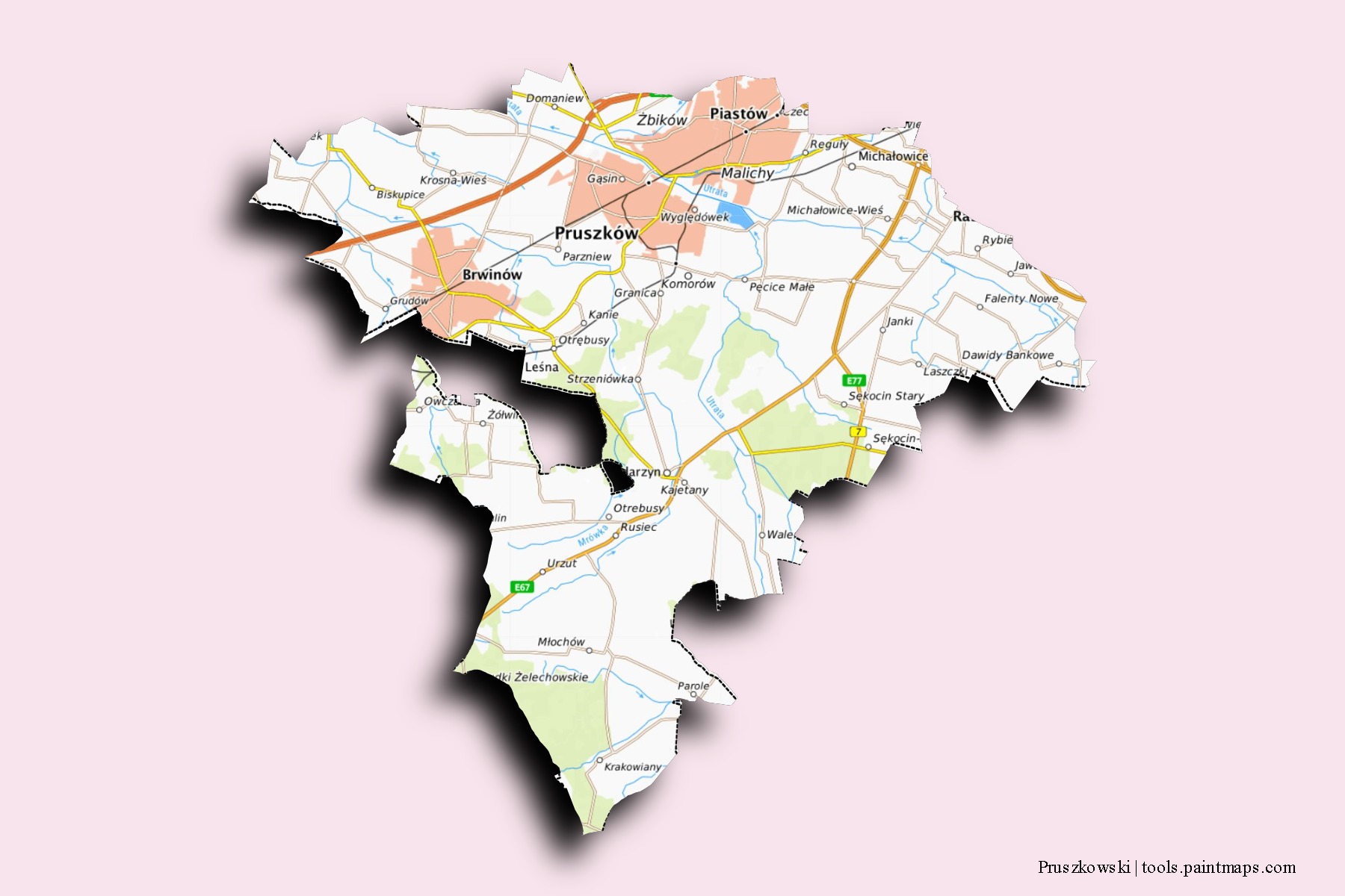 Mapa de barrios y pueblos de Pruszkowski con efecto de sombra 3D