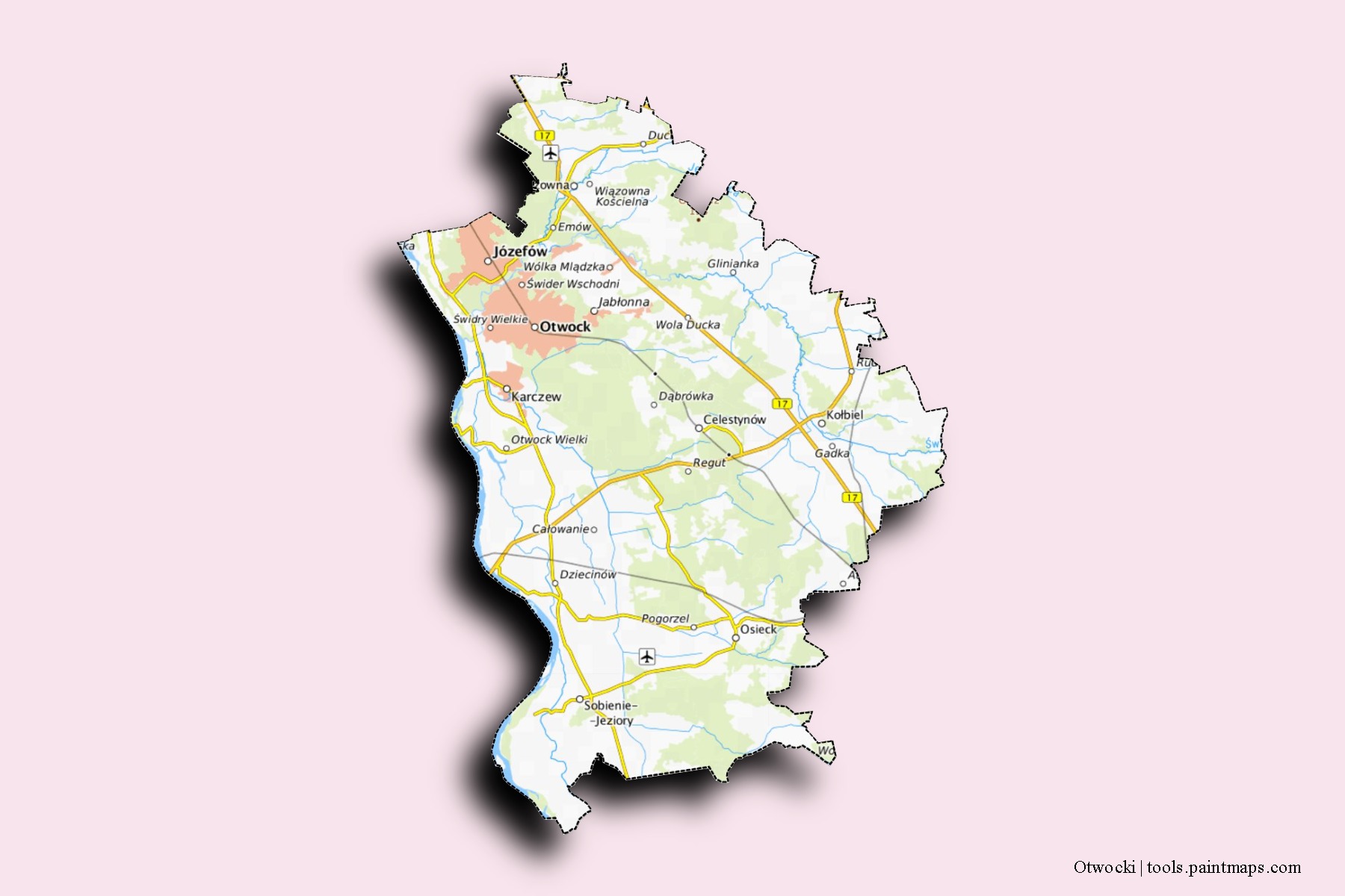 Mapa de barrios y pueblos de Otwocki con efecto de sombra 3D