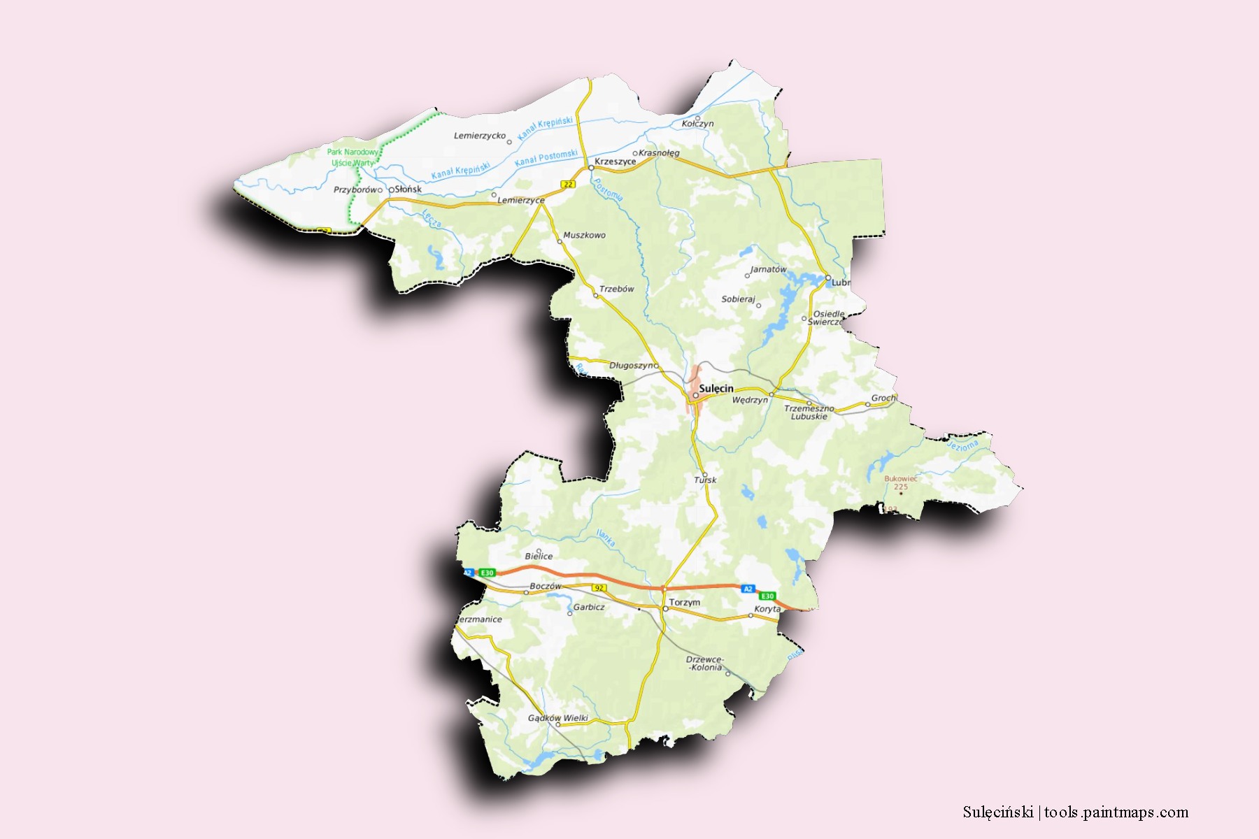 Mapa de barrios y pueblos de Sulęciński con efecto de sombra 3D