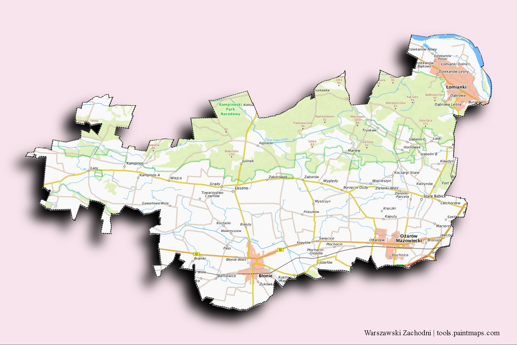 3D gölge efektli Warszawski Zachodni mahalleleri ve köyleri haritası