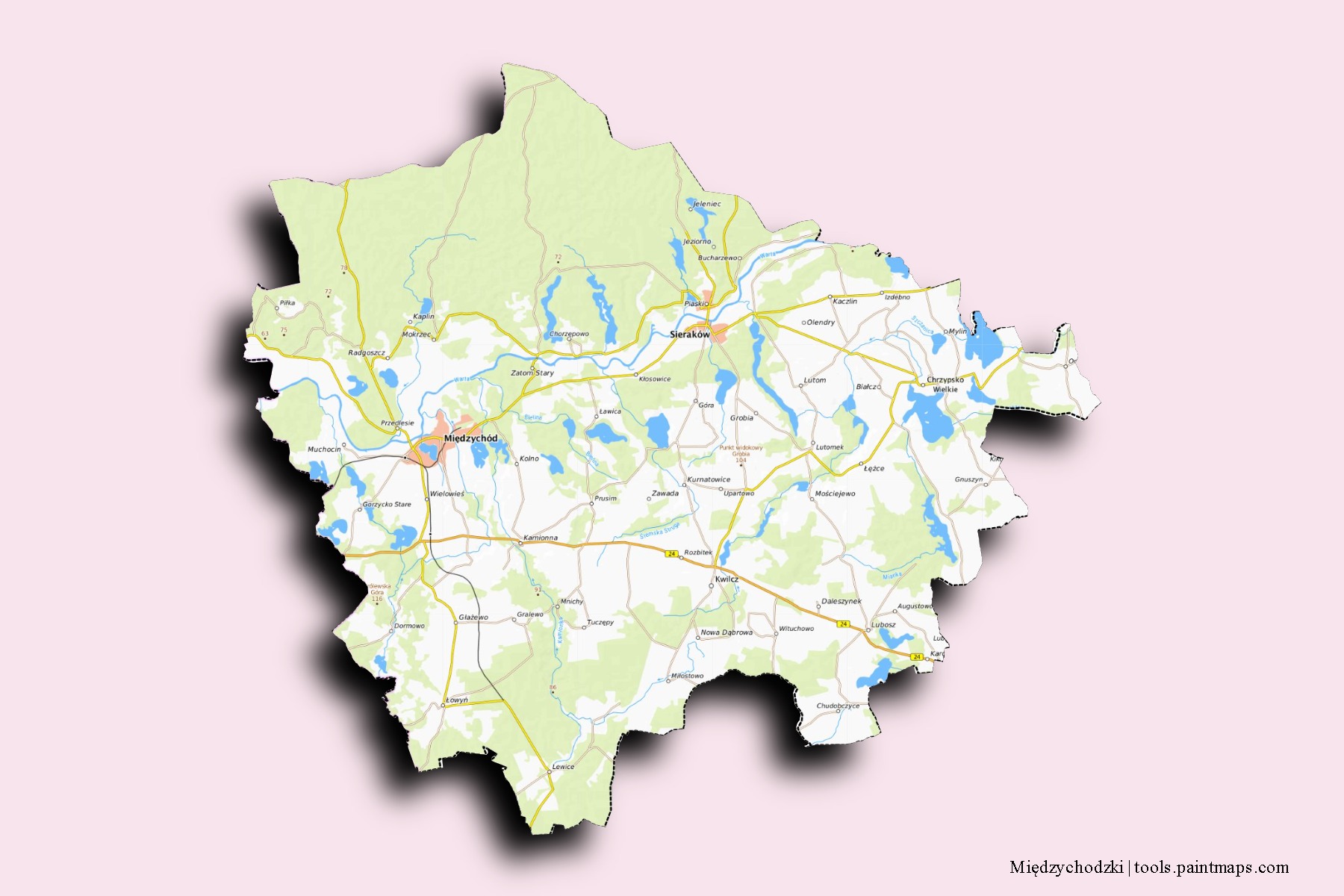 Międzychodzki neighborhoods and villages map with 3D shadow effect