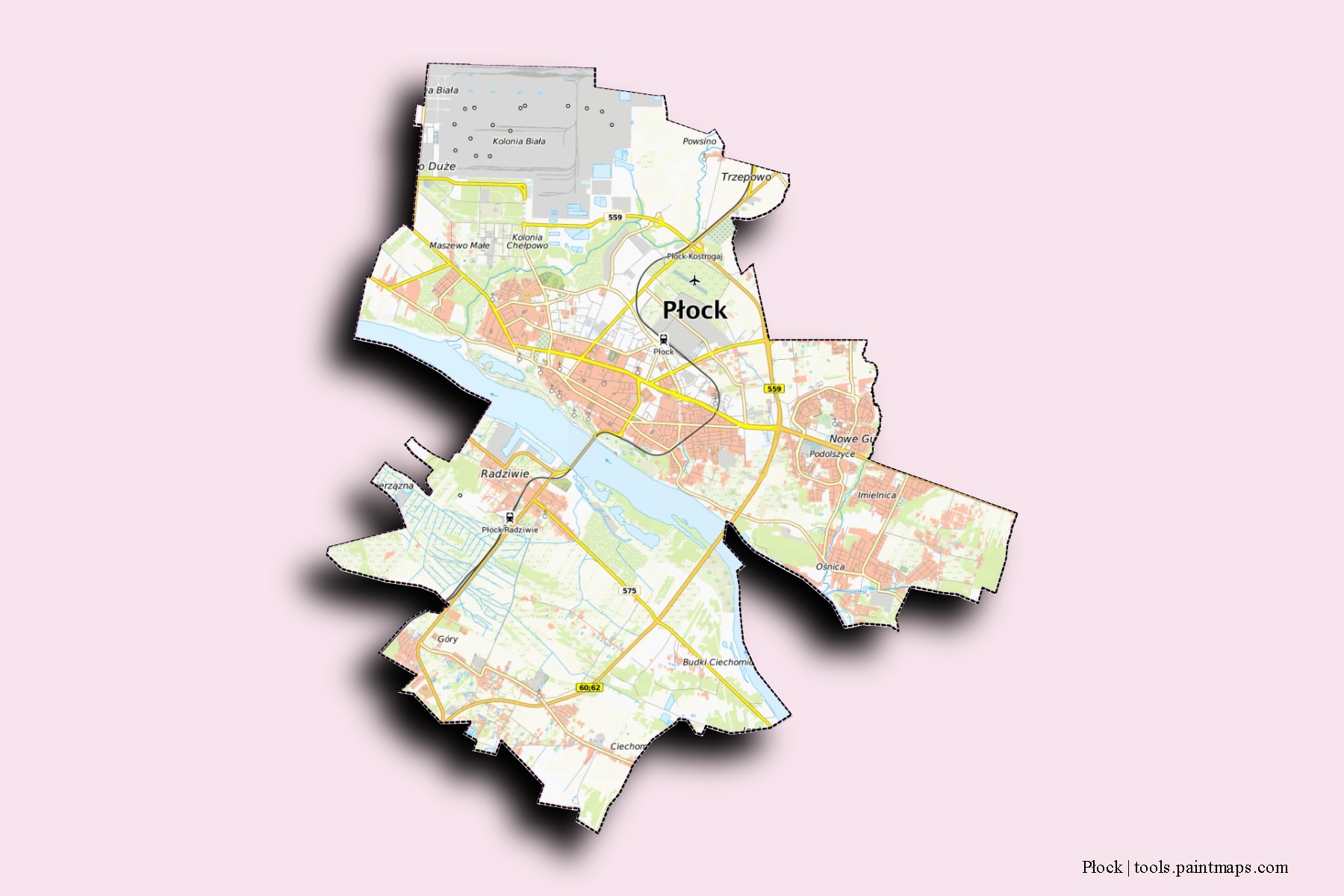 Płock neighborhoods and villages map with 3D shadow effect