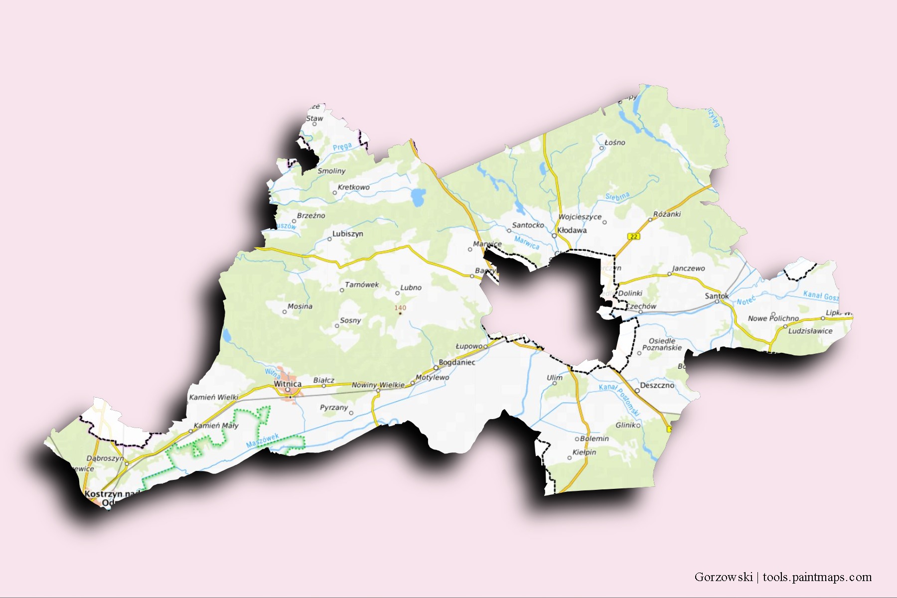 Gorzów neighborhoods and villages map with 3D shadow effect