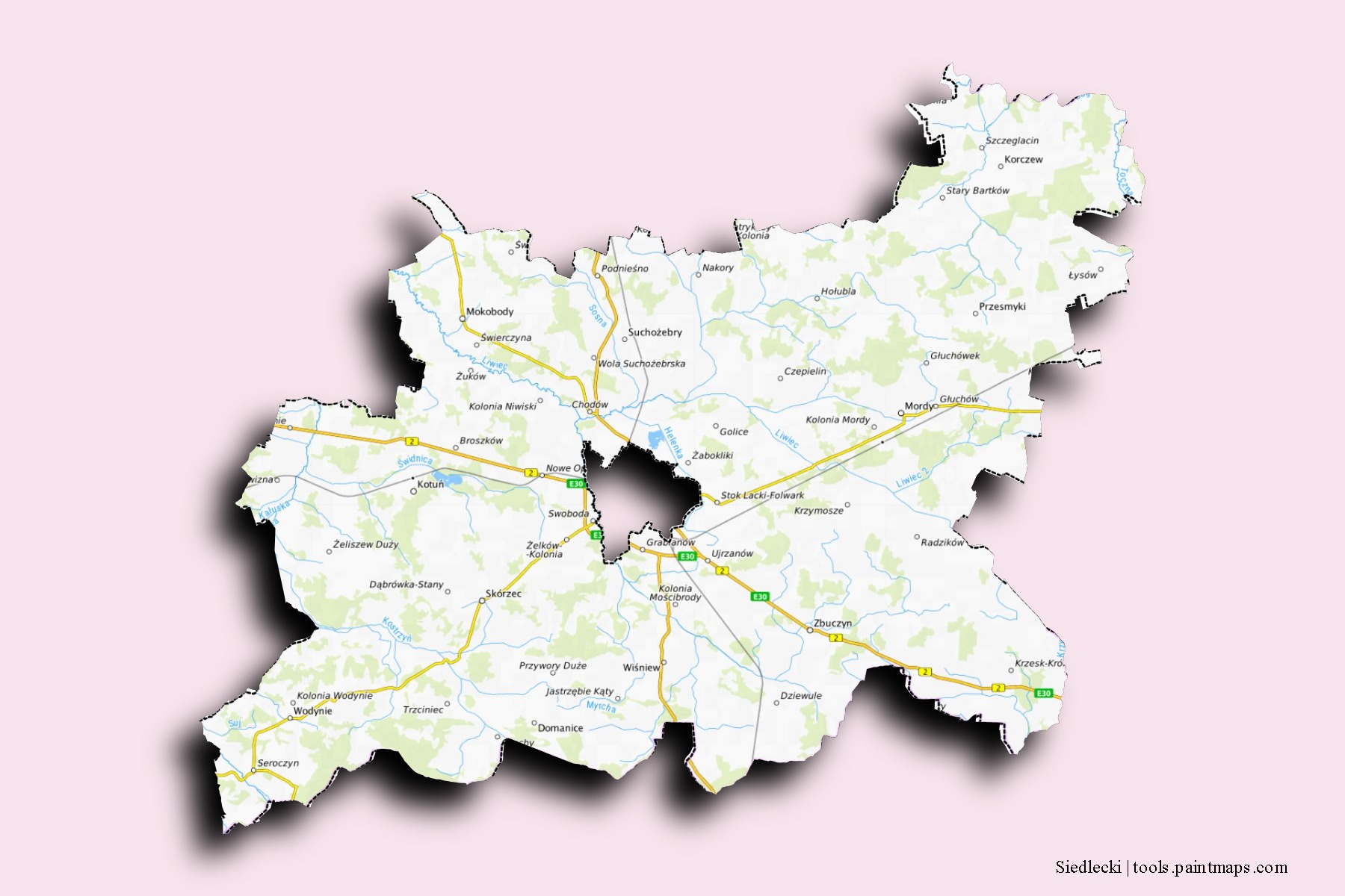 Siedlecki neighborhoods and villages map with 3D shadow effect